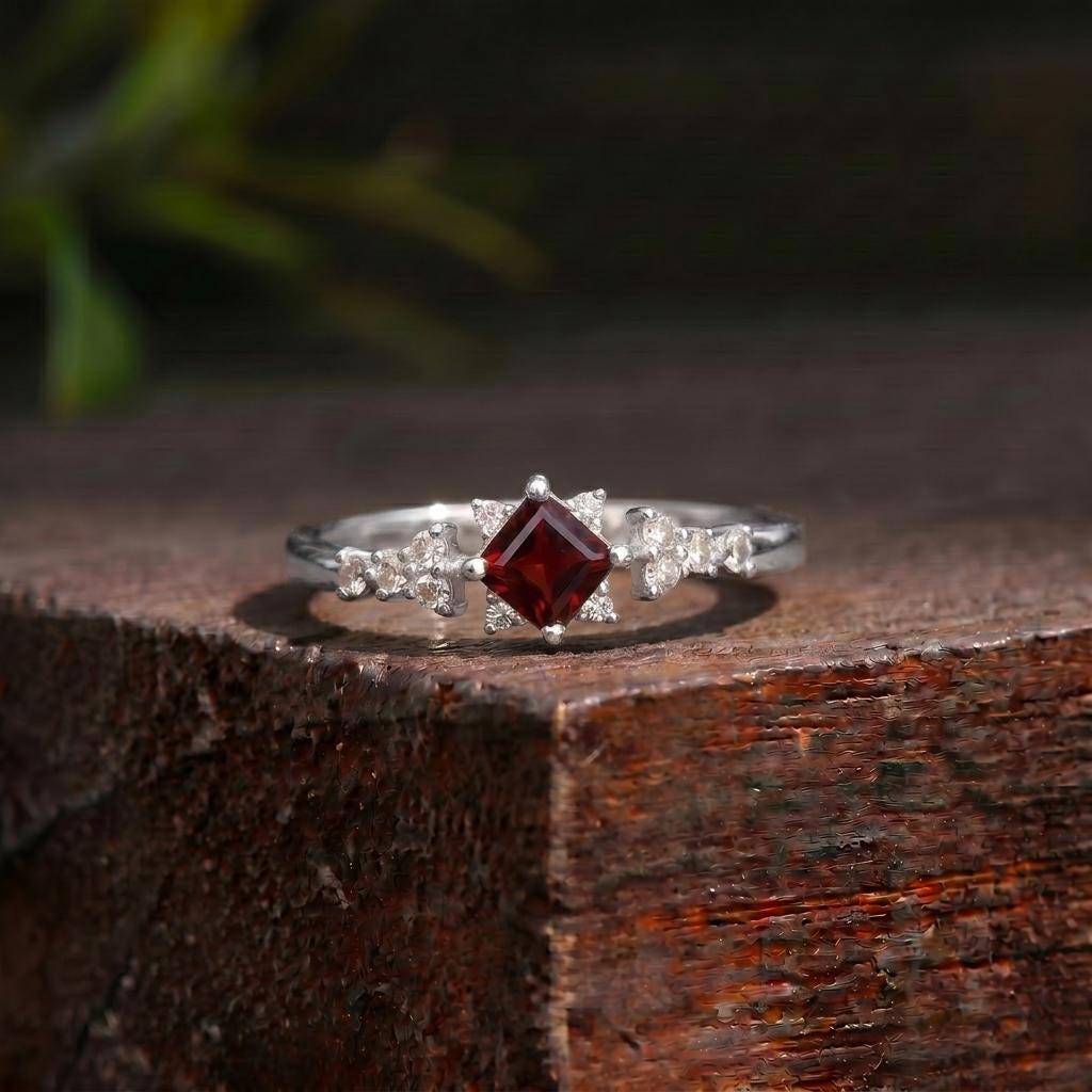 Garnet Engagement Ring, Square Cut Red Garnet & Sparkling Accent Stone Cluster Ring, January Birthstone Gold Ring, Vintage Inspired Promise