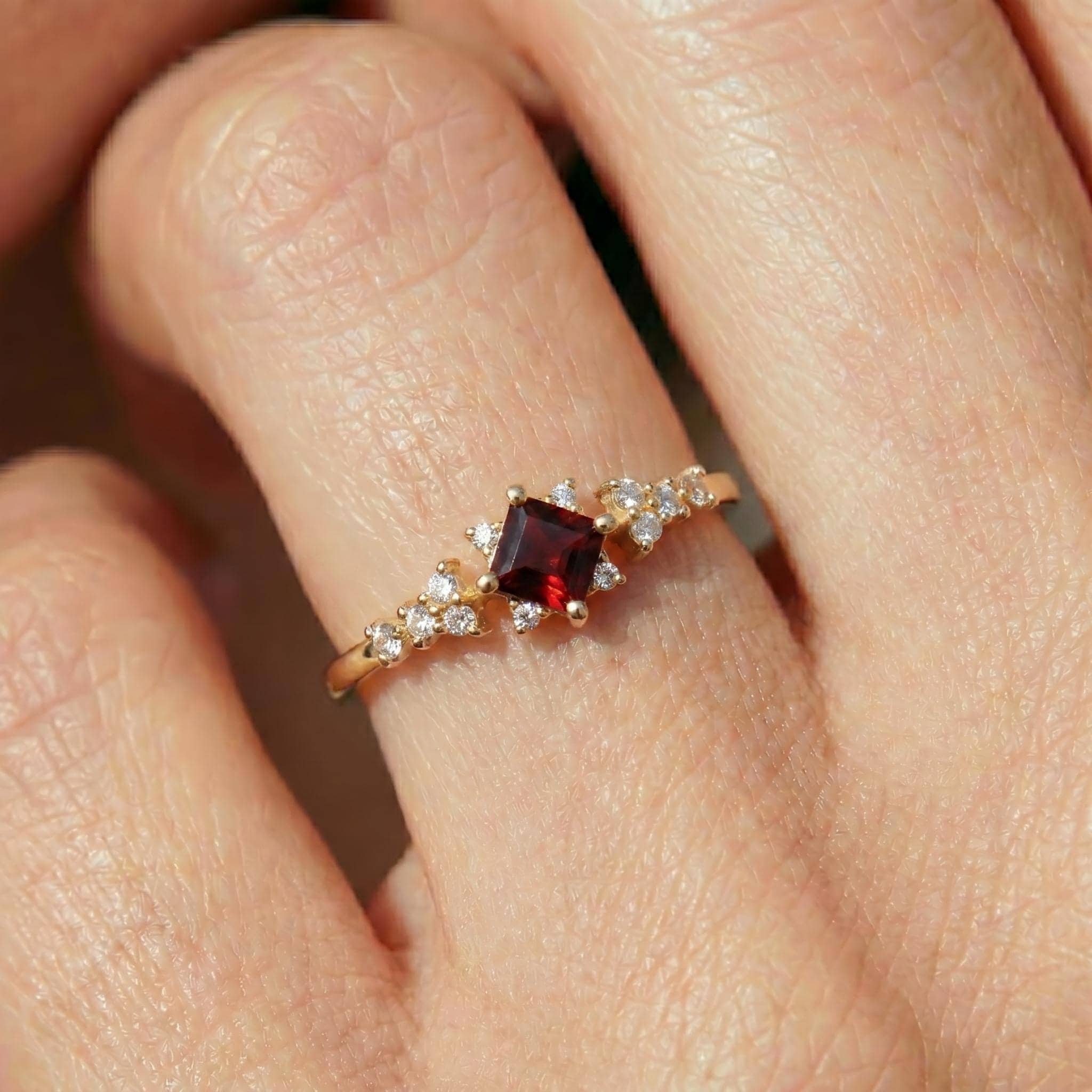 Garnet Engagement Ring, Square Cut Red Garnet & Sparkling Accent Stone Cluster Ring, January Birthstone Gold Ring, Vintage Inspired Promise