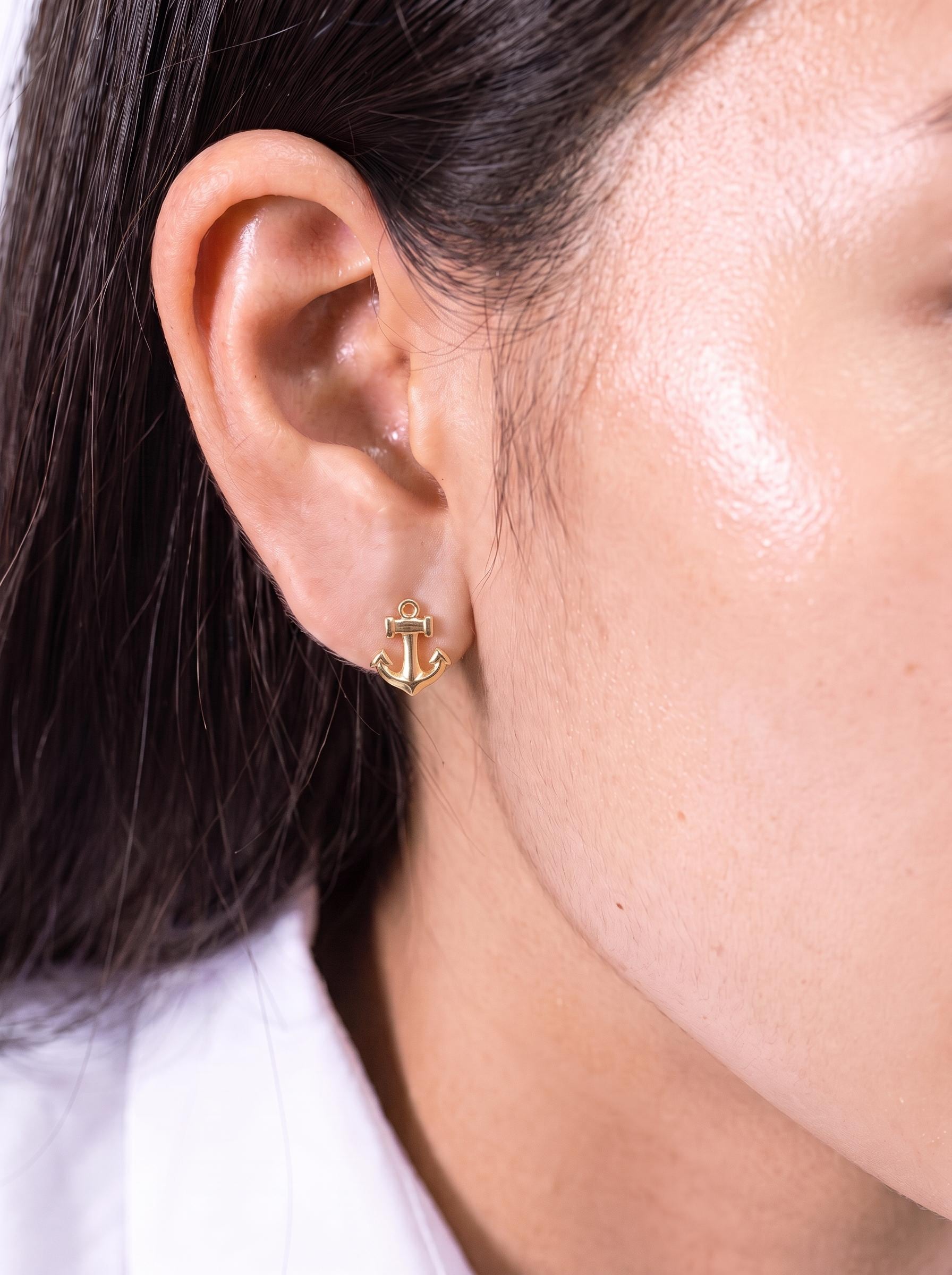 Dainty Gold Anchor Stud Earrings | Nautical Ocean Jewelry | Minimalist Marine Ship Anchor Studs | Everyday Summer Beach Earrings