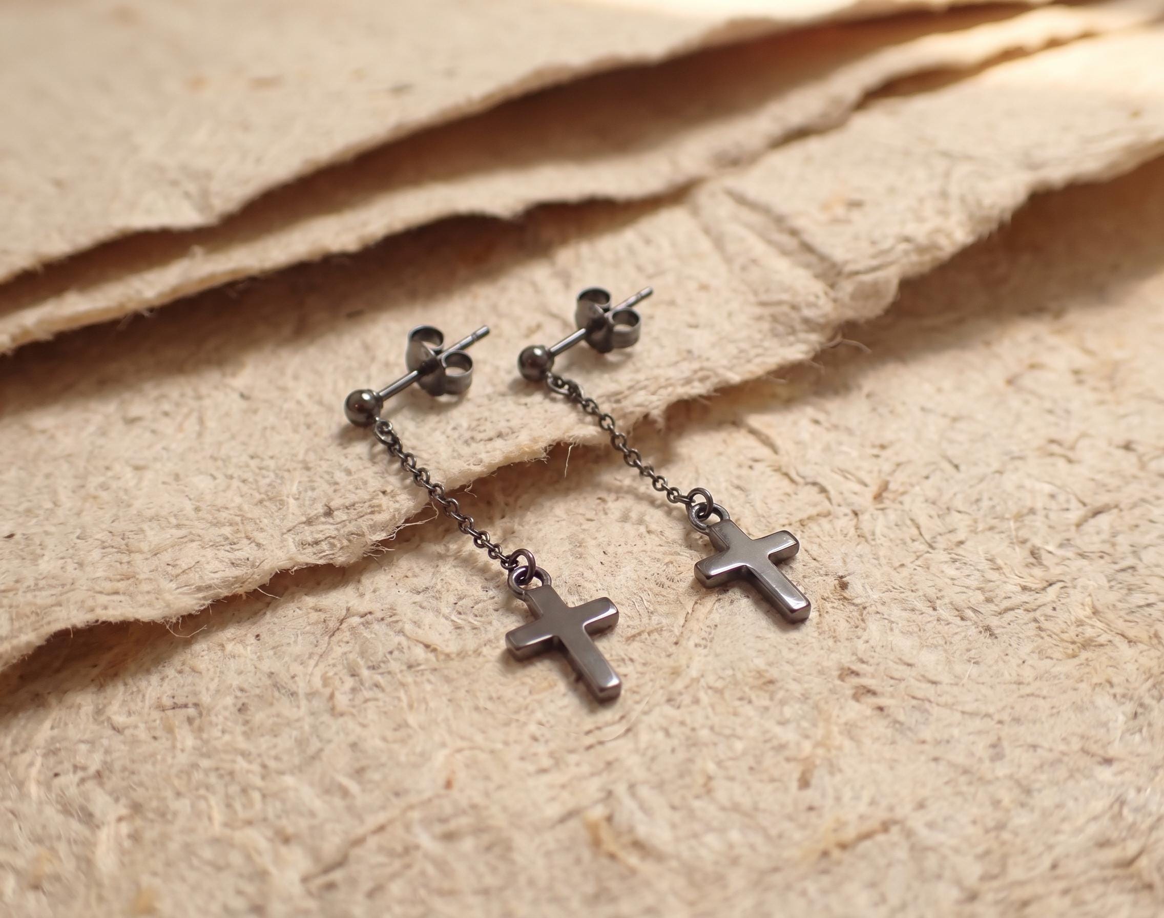 Minimalist Cross Dangle Earrings | Gothic Punk Chain Drop | Spiritual Religious Jewelry | Unisex Stainless Steel Gift