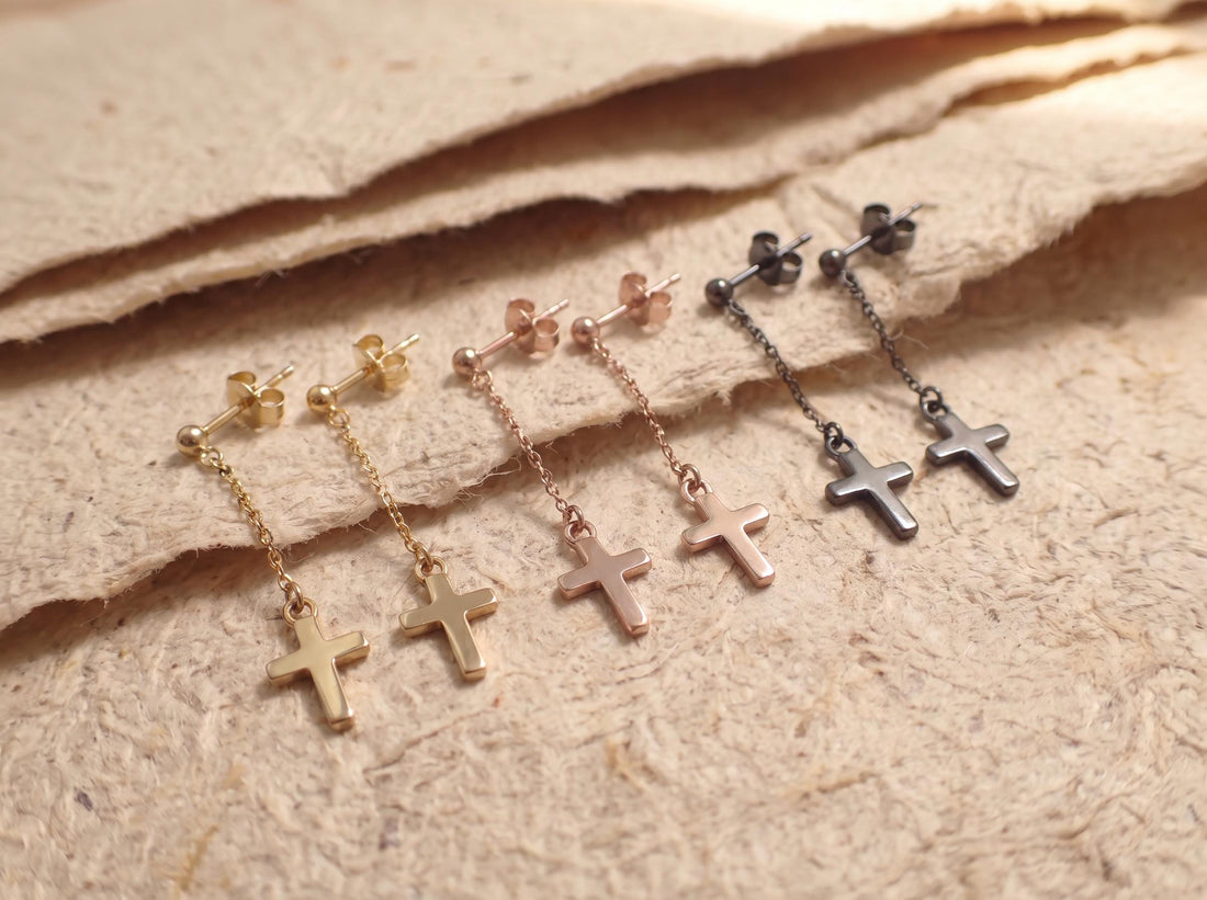Minimalist Cross Dangle Earrings | Gothic Punk Chain Drop | Spiritual Religious Jewelry | Unisex Stainless Steel Gift