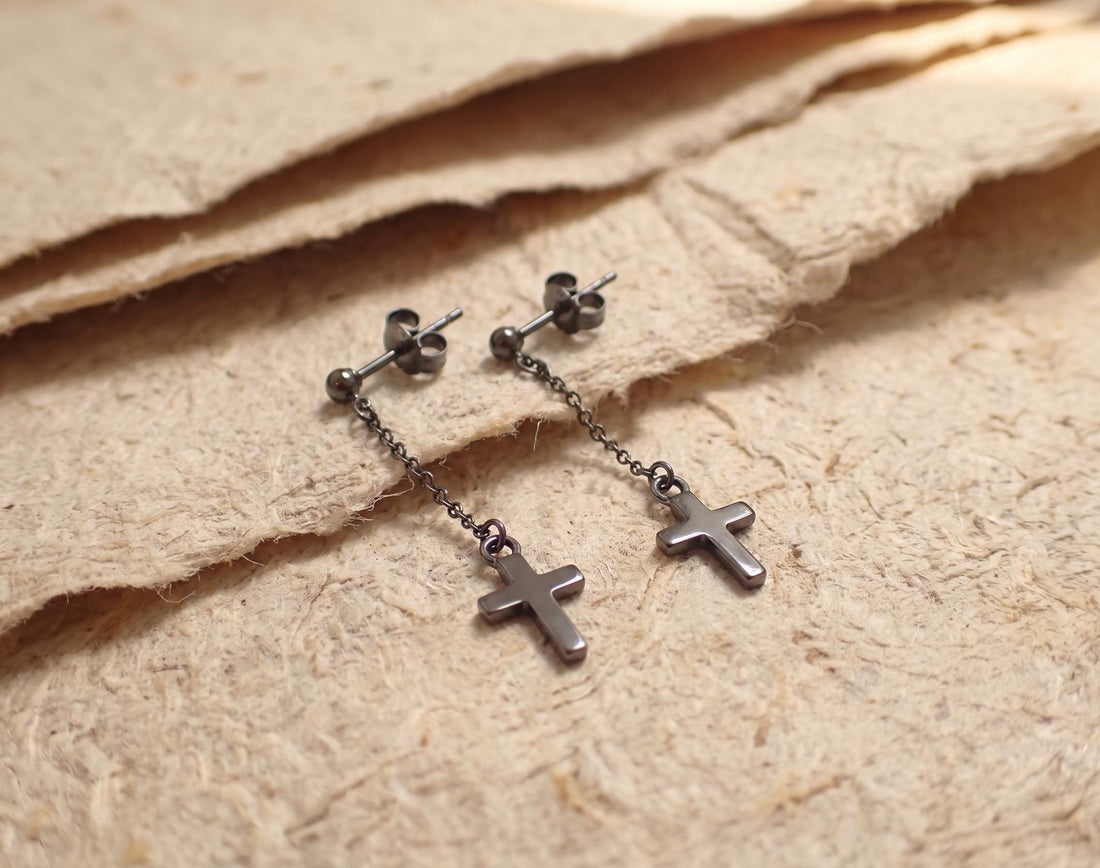 Minimalist Cross Dangle Earrings | Gothic Punk Chain Drop | Spiritual Religious Jewelry | Unisex Stainless Steel Gift
