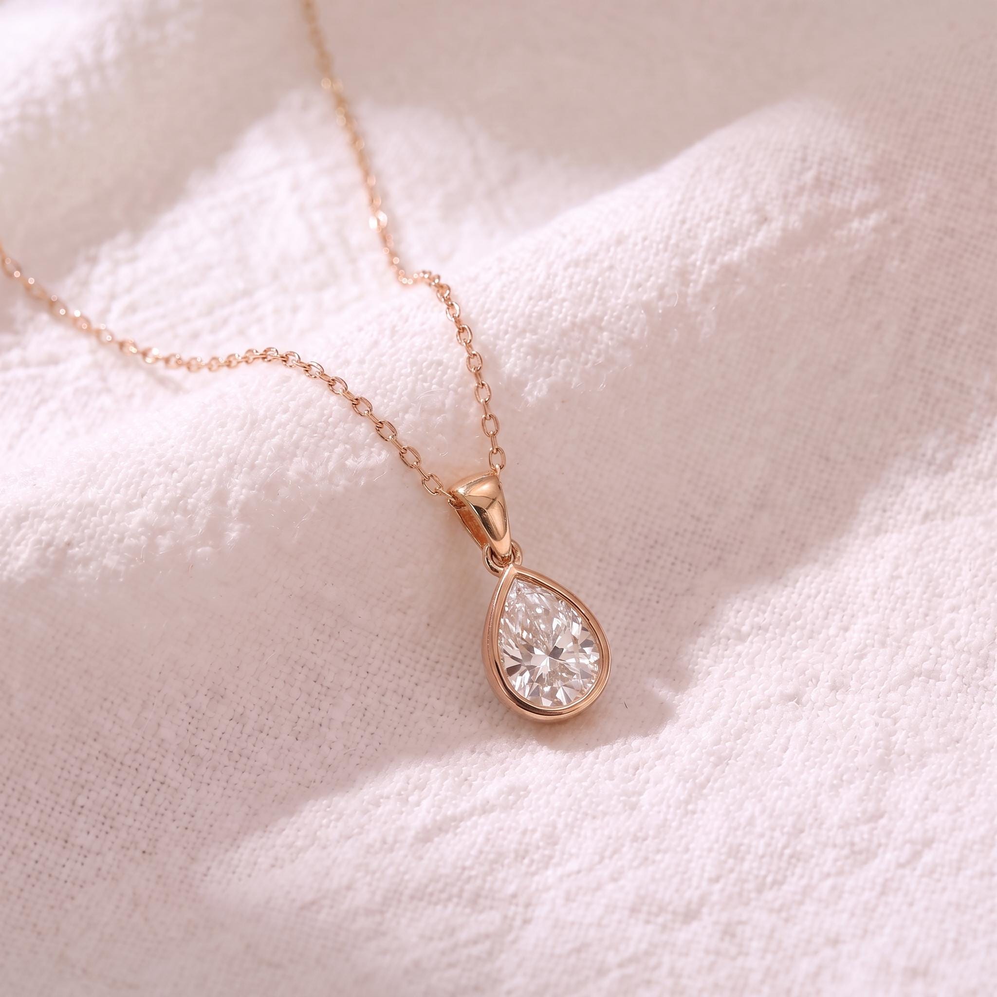 Dainty Pear Moissanite Necklace, Gold Bezel Set Teardrop Pendant, Delicate Solitaire Diamond Alternative, Minimalist Everyday Jewelry Gift