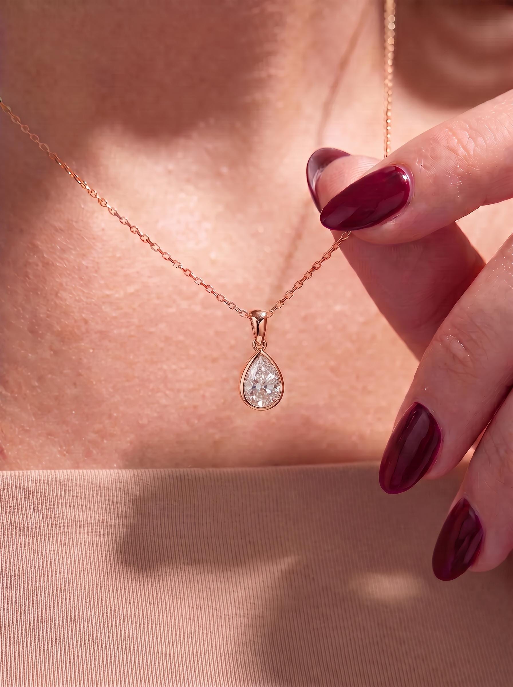 Dainty Pear Moissanite Necklace, Gold Bezel Set Teardrop Pendant, Delicate Solitaire Diamond Alternative, Minimalist Everyday Jewelry Gift