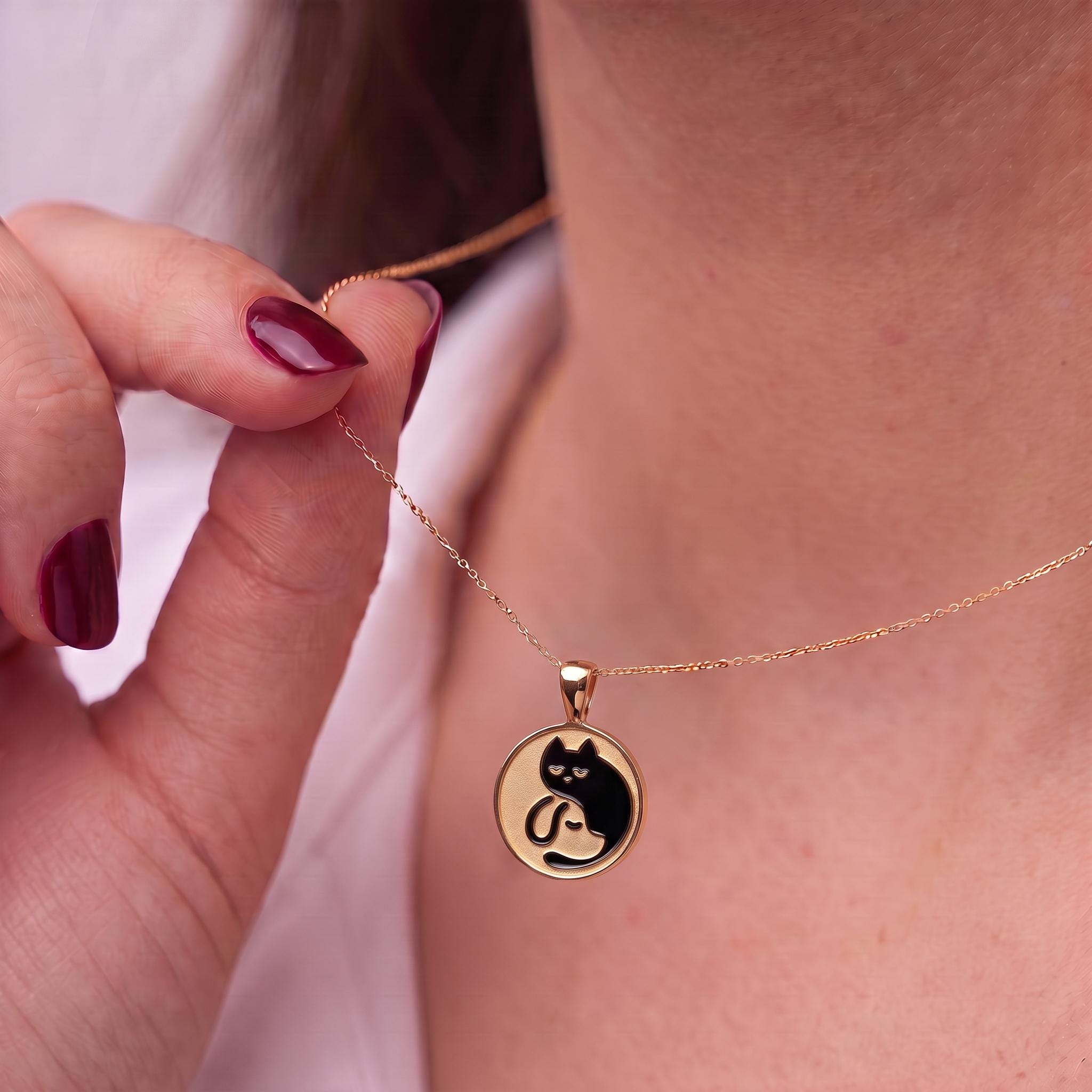 Delicate Gold Cat Dog Yin Yang Layered Necklace | Pet Lover Friendship Charm | Crescent Moon Stackable Animal Jewelry Gift for Her