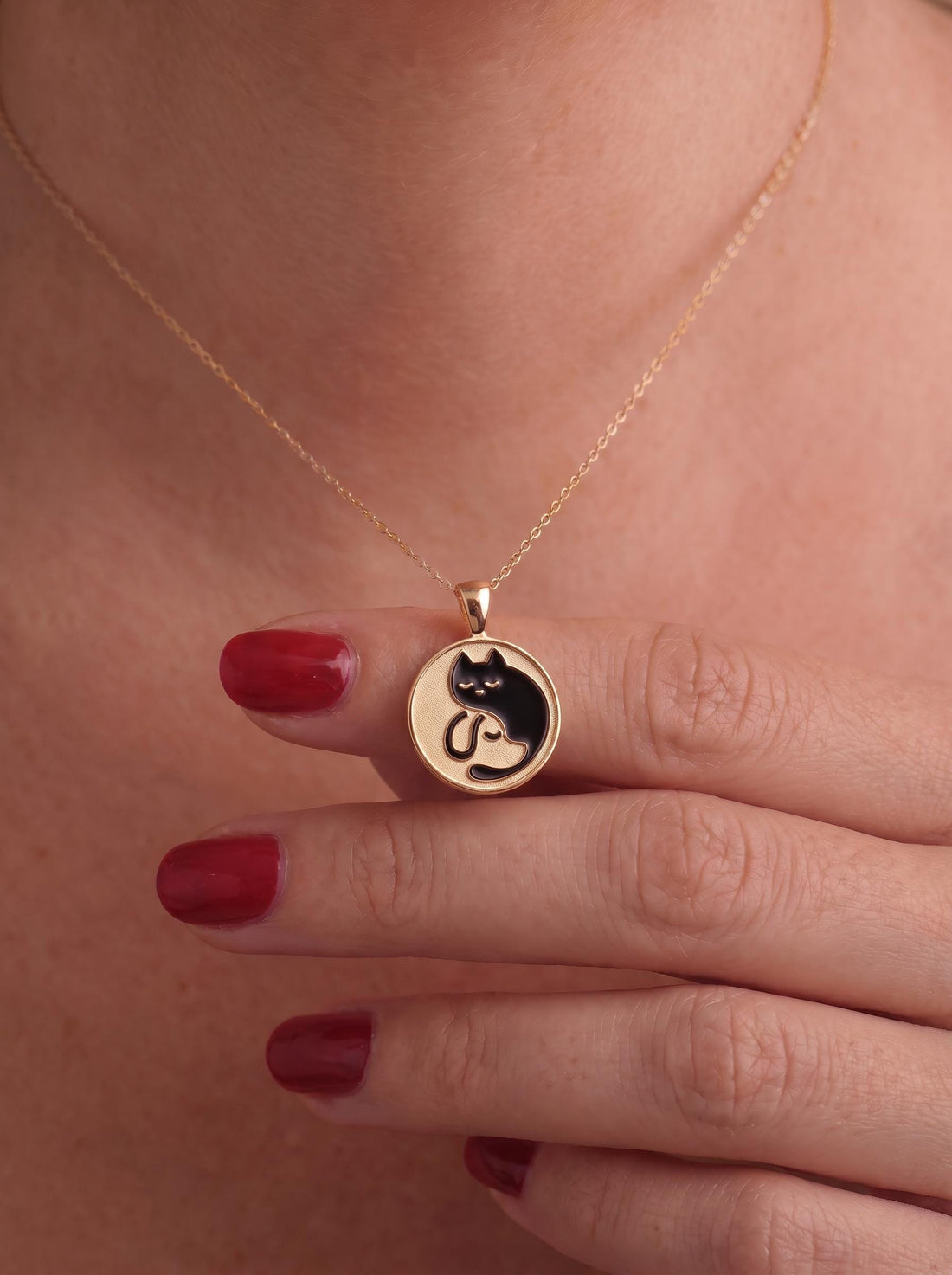 Delicate Gold Cat Dog Yin Yang Layered Necklace | Pet Lover Friendship Charm | Crescent Moon Stackable Animal Jewelry Gift for Her