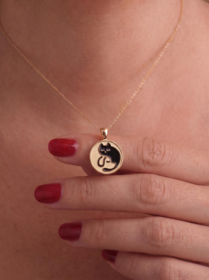 Delicate Gold Cat Dog Yin Yang Layered Necklace | Pet Lover Friendship Charm | Crescent Moon Stackable Animal Jewelry Gift for Her
