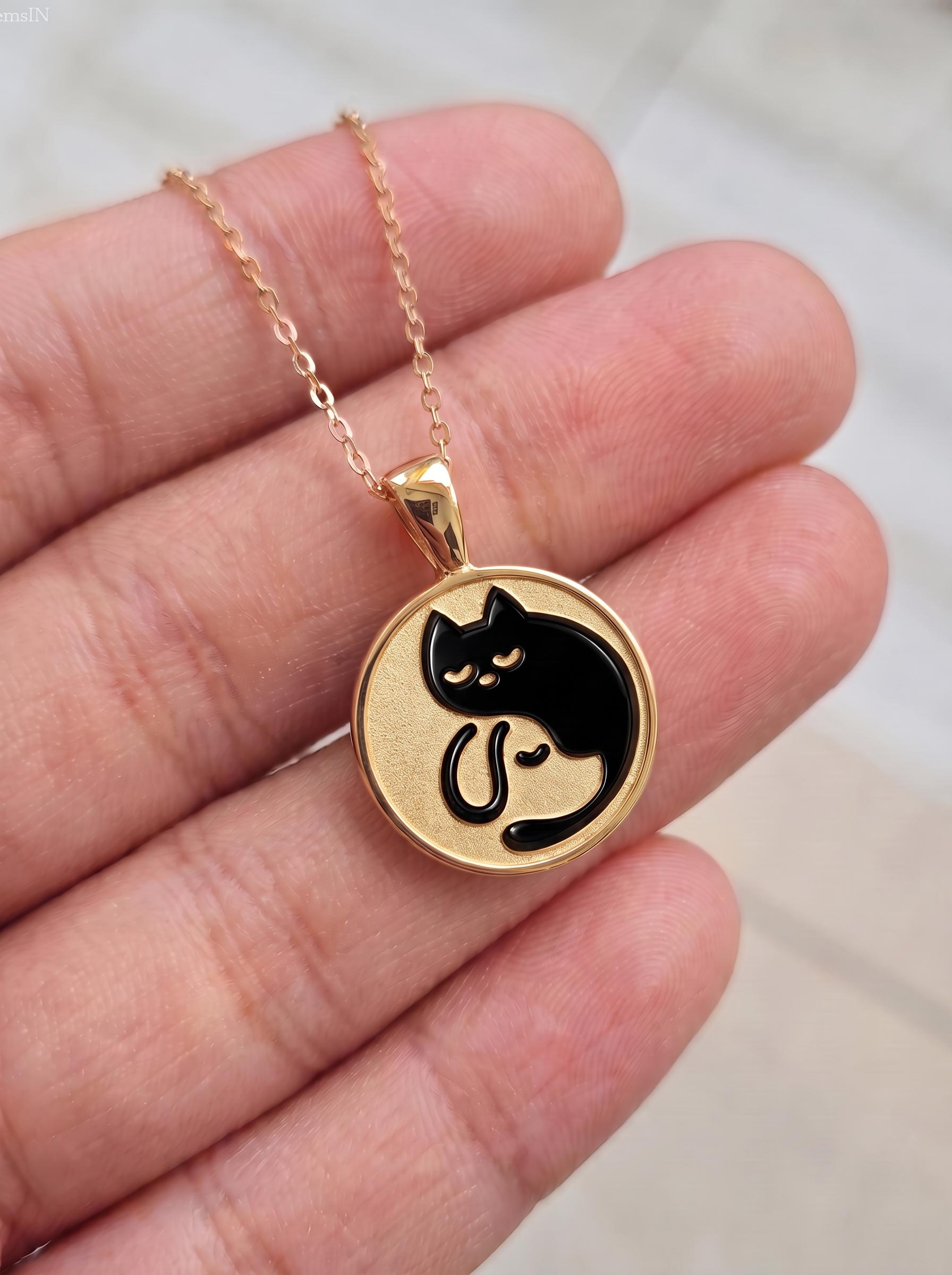 Delicate Gold Cat Dog Yin Yang Layered Necklace | Pet Lover Friendship Charm | Crescent Moon Stackable Animal Jewelry Gift for Her
