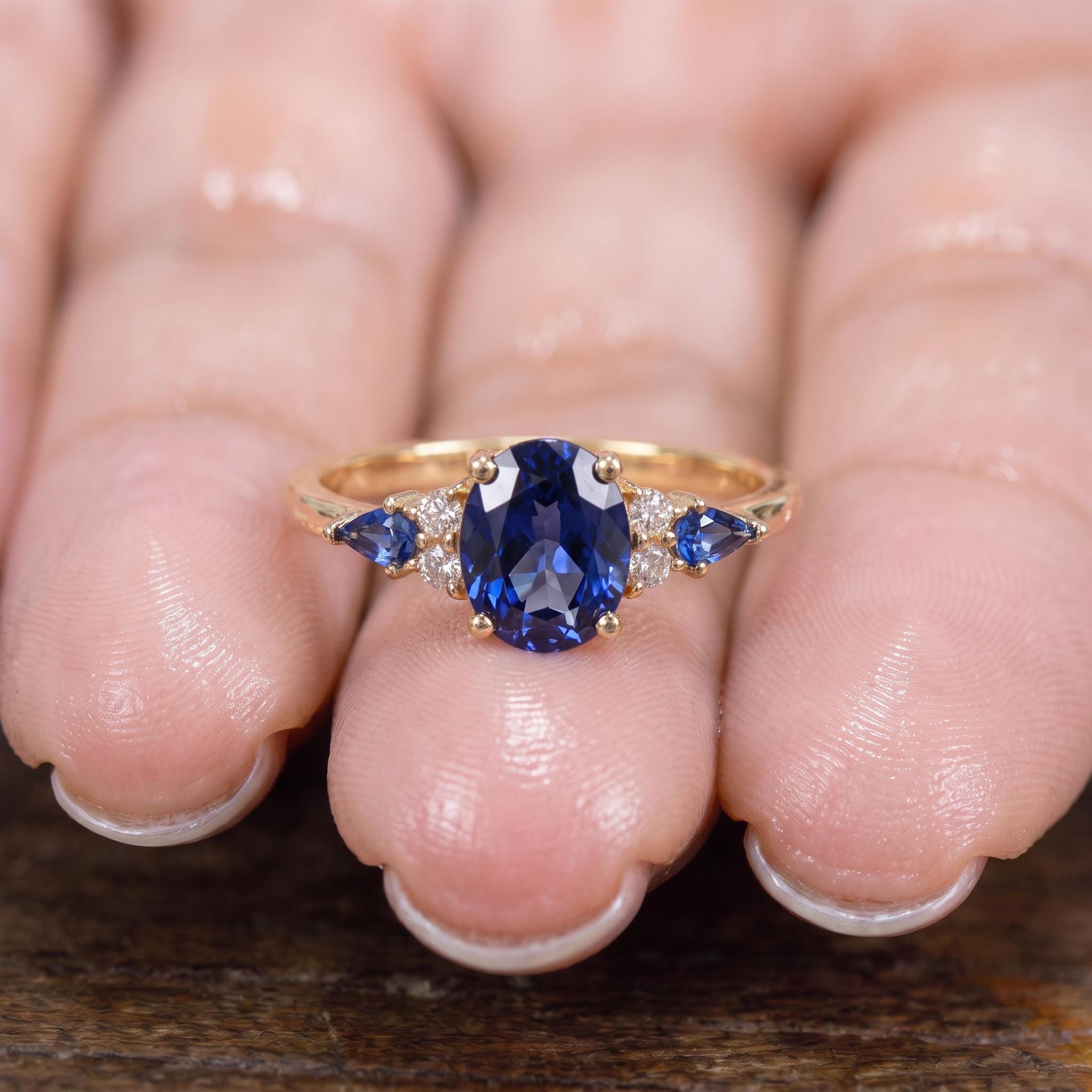 Oval Sapphire Ring for Women | Rose Gold Vintage Cluster Design | Blue Gemstone Anniversary Gift Jewelry