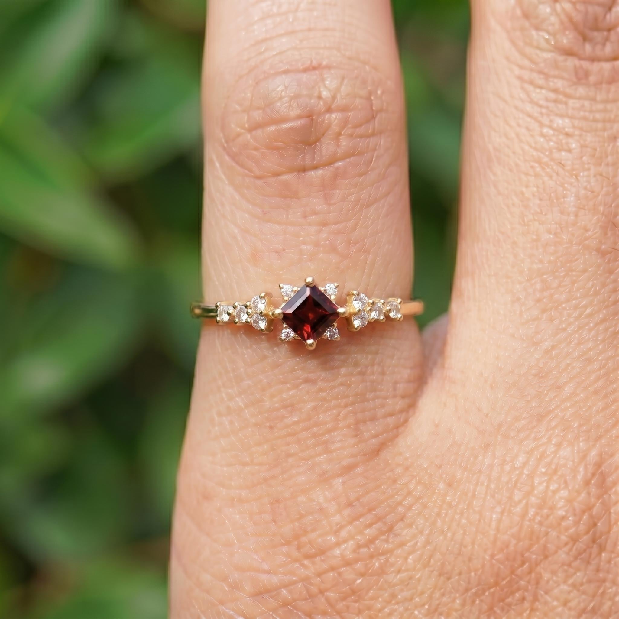 Garnet Engagement Ring, Square Cut Red Garnet & Sparkling Accent Stone Cluster Ring, January Birthstone Gold Ring, Vintage Inspired Promise