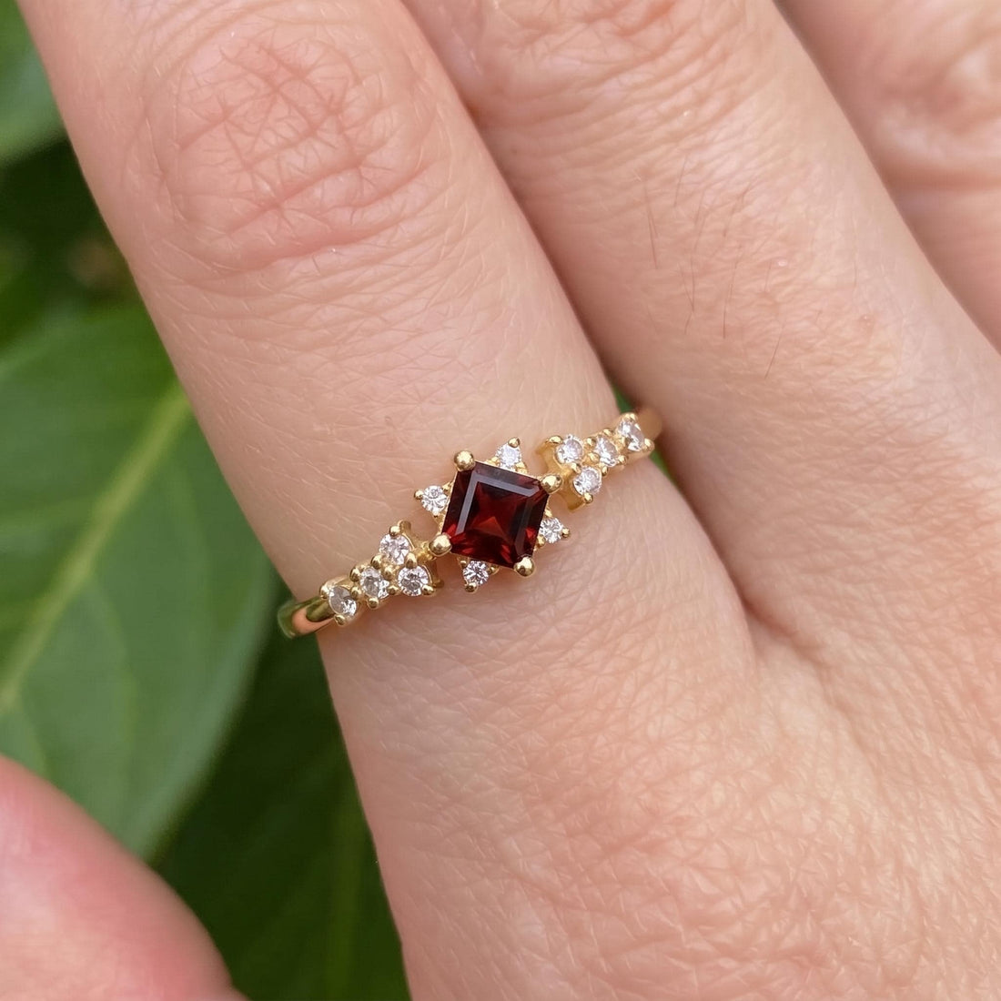 Garnet Engagement Ring, Square Cut Red Garnet & Sparkling Accent Stone Cluster Ring, January Birthstone Gold Ring, Vintage Inspired Promise