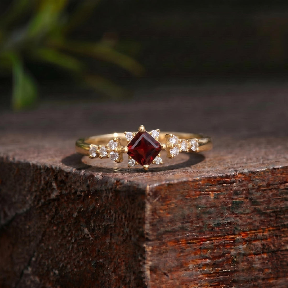 Garnet Engagement Ring, Square Cut Red Garnet & Sparkling Accent Stone Cluster Ring, January Birthstone Gold Ring, Vintage Inspired Promise