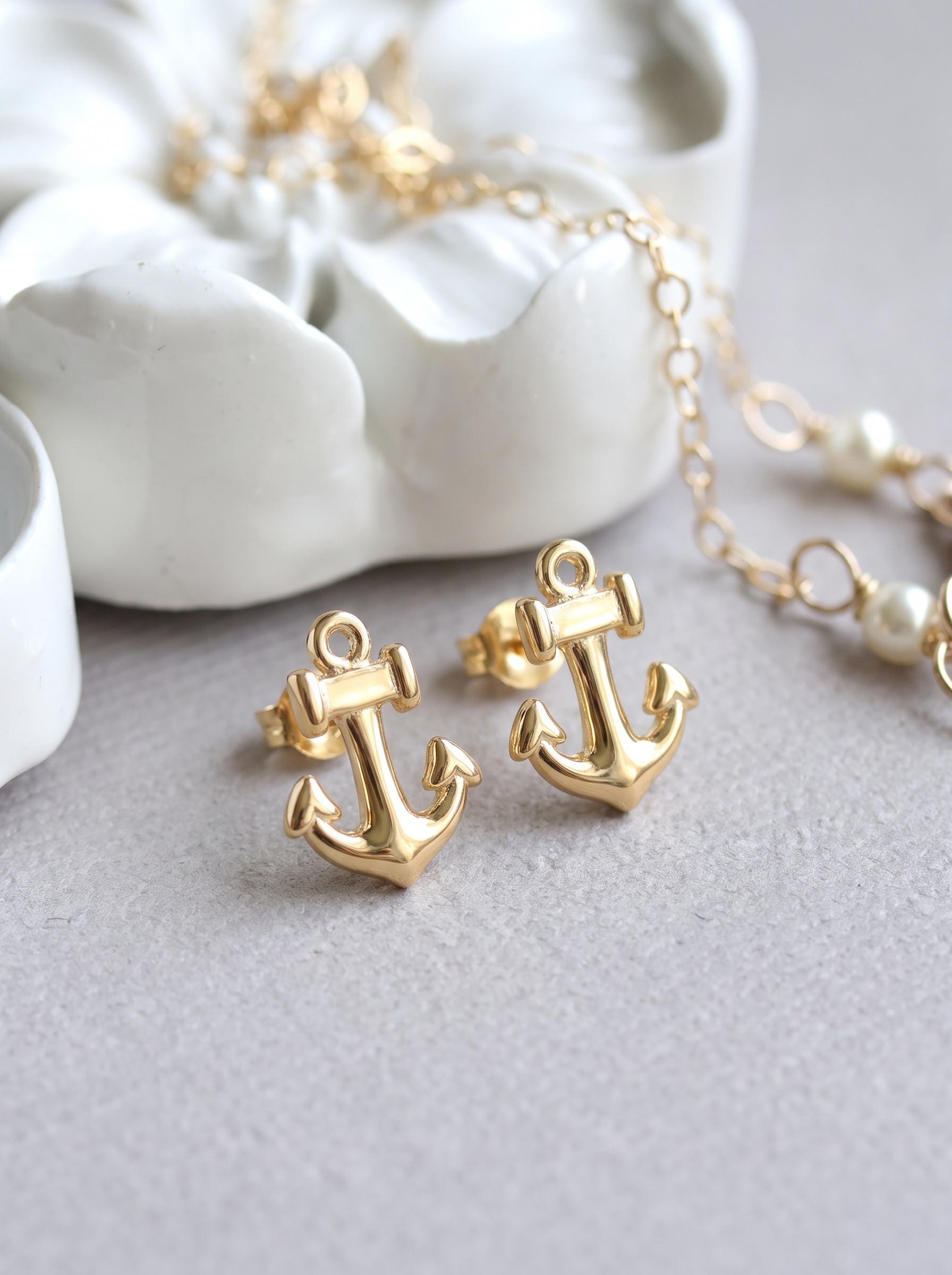 Dainty Gold Anchor Stud Earrings | Nautical Ocean Jewelry | Minimalist Marine Ship Anchor Studs | Everyday Summer Beach Earrings