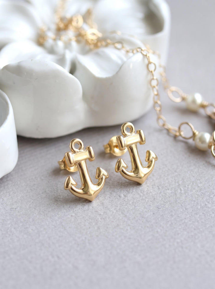 Dainty Gold Anchor Stud Earrings | Nautical Ocean Jewelry | Minimalist Marine Ship Anchor Studs | Everyday Summer Beach Earrings