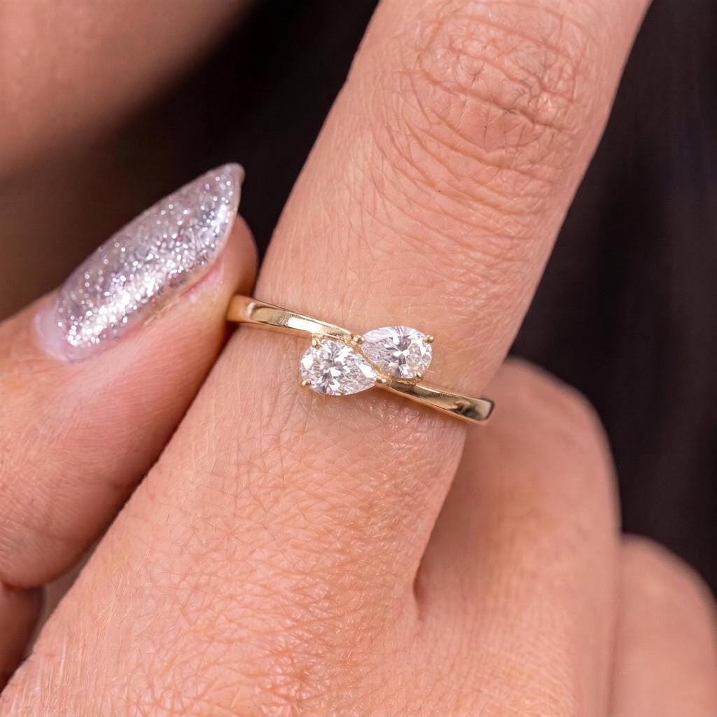 Delicate Two Pear Diamond Bypass Ring, Dainty Promise Ring, Unique Toi et Moi Engagement Ring, Anniversary Gift for Her
