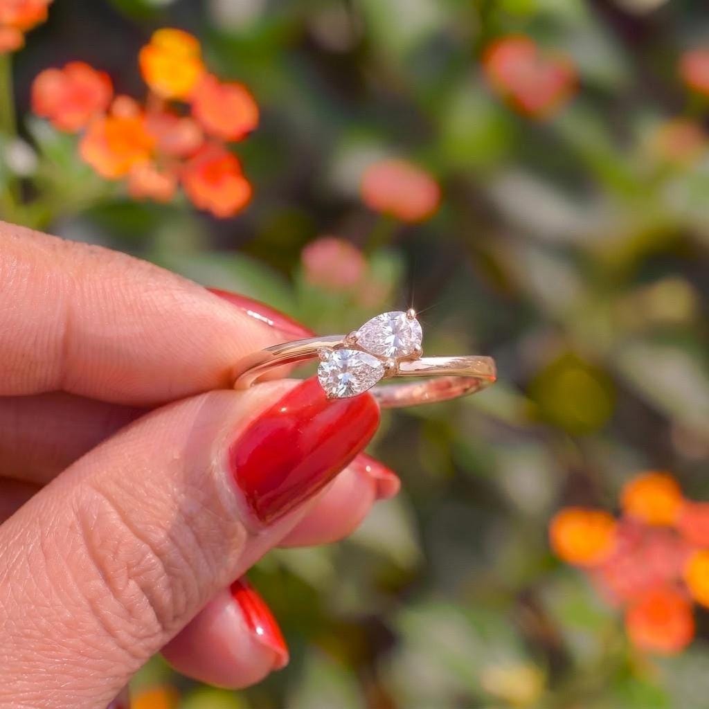 Delicate Two Pear Diamond Bypass Ring, Dainty Promise Ring, Unique Toi et Moi Engagement Ring, Anniversary Gift for Her