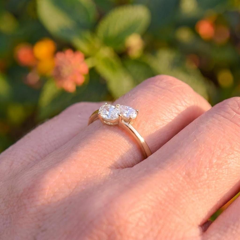 Delicate Two Pear Diamond Bypass Ring, Dainty Promise Ring, Unique Toi et Moi Engagement Ring, Anniversary Gift for Her