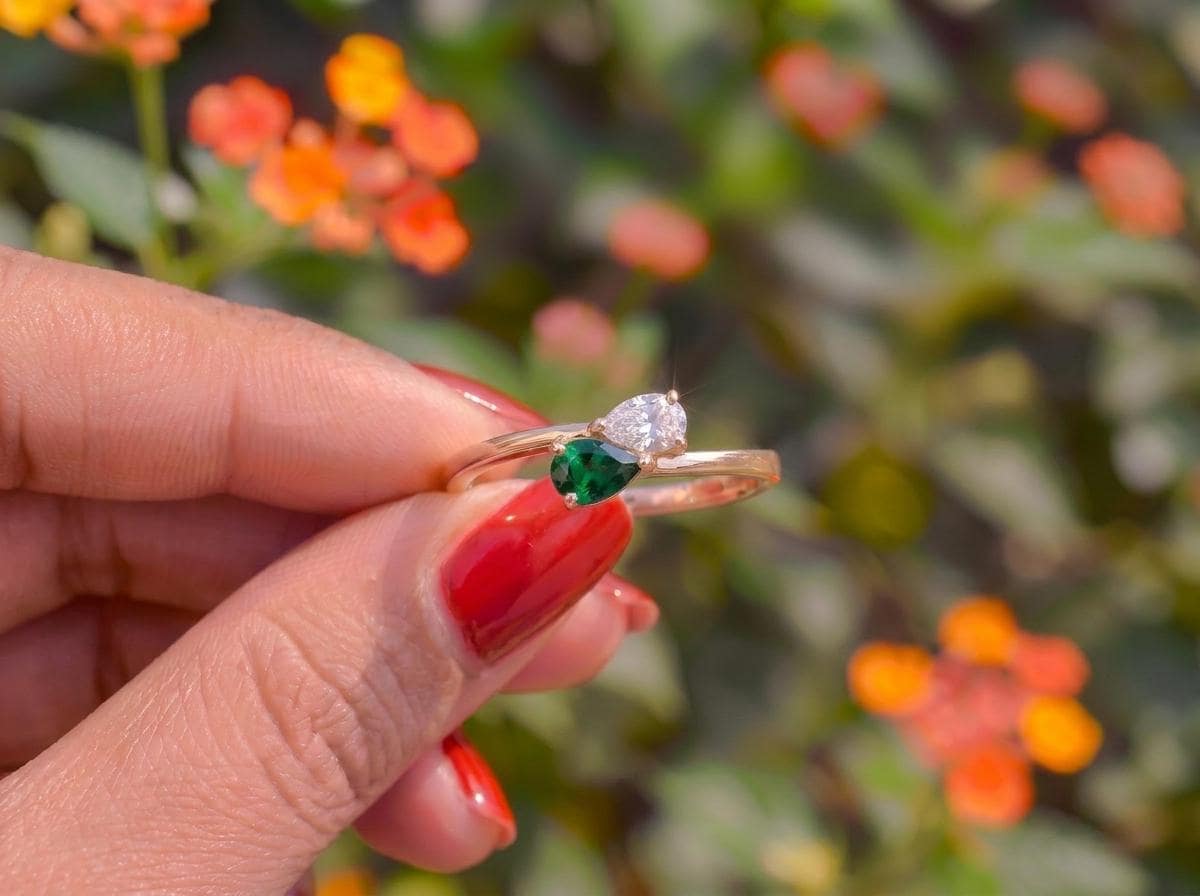 Pear Cut Emerald & Diamond Bypass Ring | Two Stone Promise Ring | Delicate Anniversary Gift for Her | Unique Engagement Jewelry