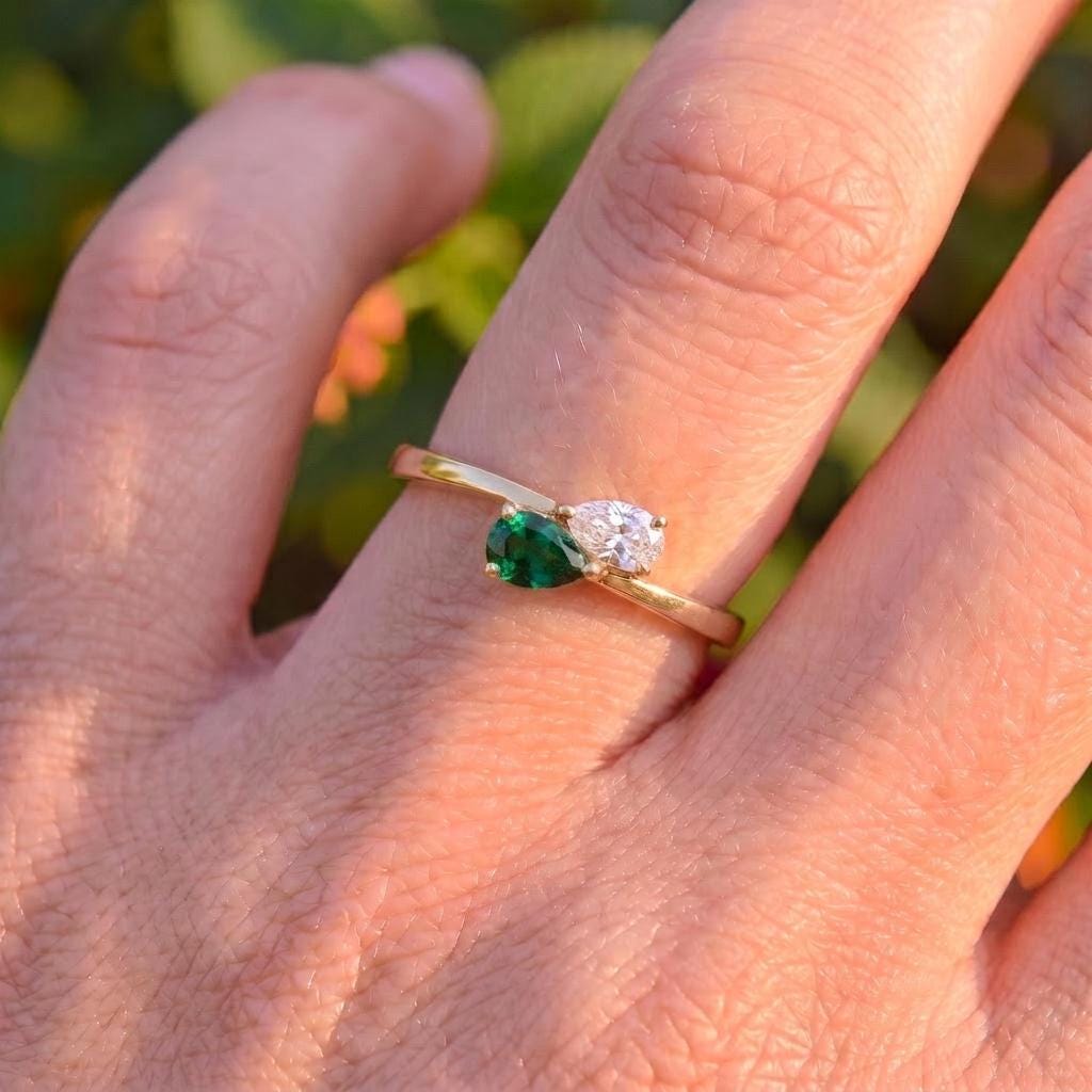 Pear Cut Emerald & Diamond Bypass Ring | Two Stone Promise Ring | Delicate Anniversary Gift for Her | Unique Engagement Jewelry