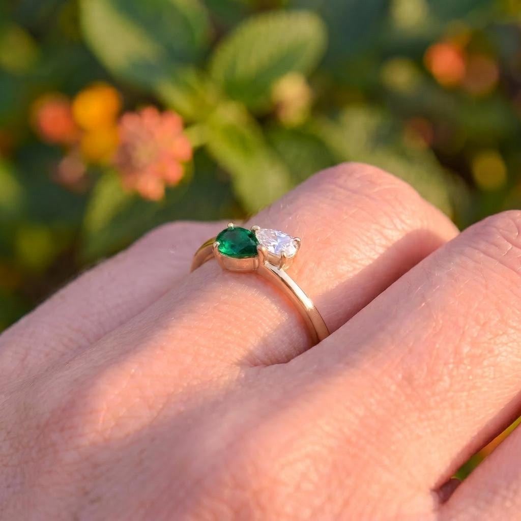 Pear Cut Emerald & Diamond Bypass Ring | Two Stone Promise Ring | Delicate Anniversary Gift for Her | Unique Engagement Jewelry