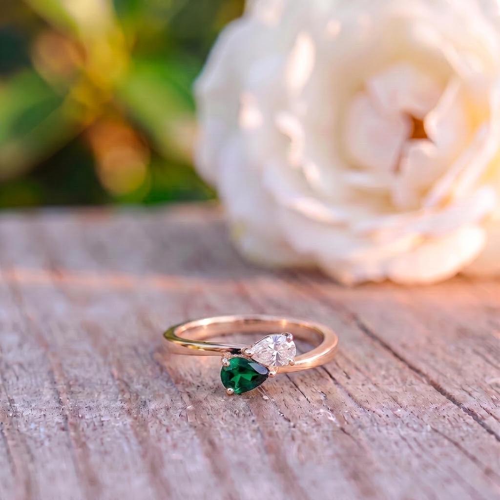 Pear Cut Emerald & Diamond Bypass Ring | Two Stone Promise Ring | Delicate Anniversary Gift for Her | Unique Engagement Jewelry