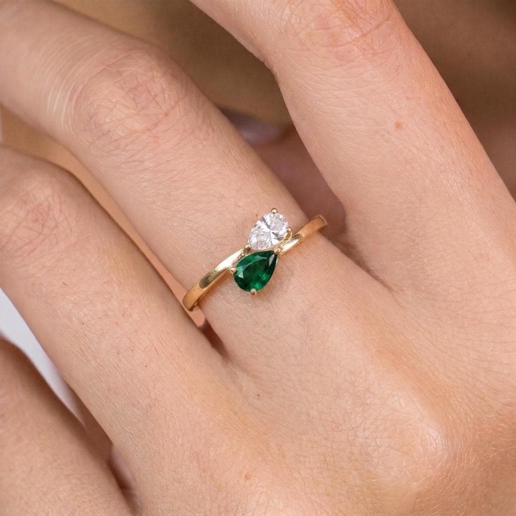Pear Cut Emerald & Diamond Bypass Ring | Two Stone Promise Ring | Delicate Anniversary Gift for Her | Unique Engagement Jewelry