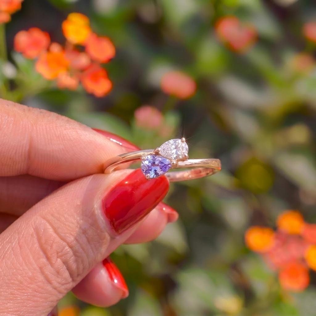 Dainty Gold Bypass Ring with Pear Cut Lavender & White Gemstones | Two Stone Promise Ring | Elegant Anniversary Gift for Her | Stacking Ring