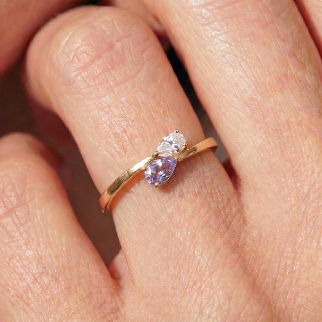 Dainty Gold Bypass Ring with Pear Cut Lavender & White Gemstones | Two Stone Promise Ring | Elegant Anniversary Gift for Her | Stacking Ring