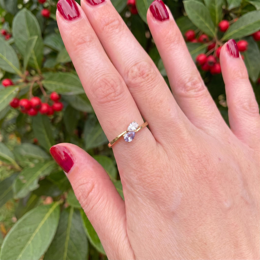 Dainty Gold Bypass Ring with Pear Cut Lavender & White Gemstones | Two Stone Promise Ring | Elegant Anniversary Gift for Her | Stacking Ring