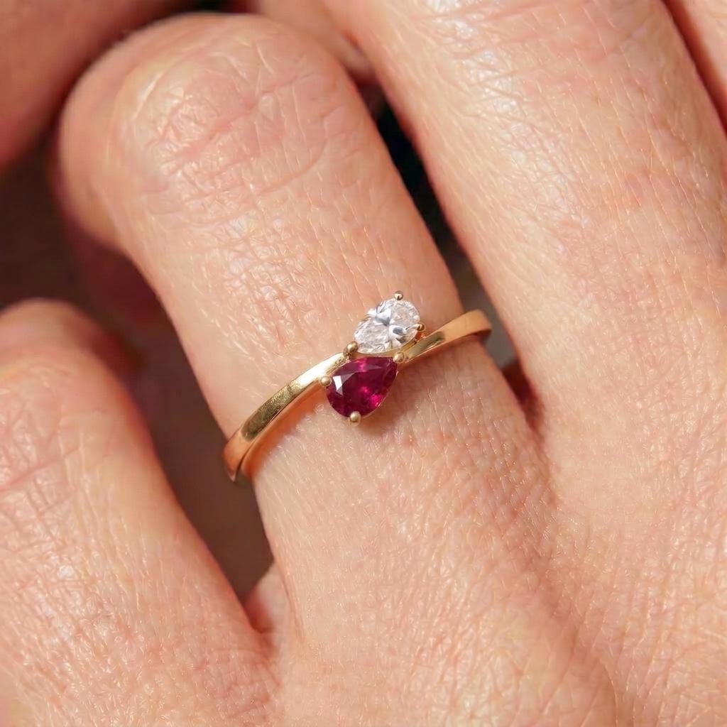 Pear Ruby & Diamond Ring, 14K Gold Bypass Two Stone Ring, Unique Engagement Anniversary Gift, Promise Ring Toi et Moi Style