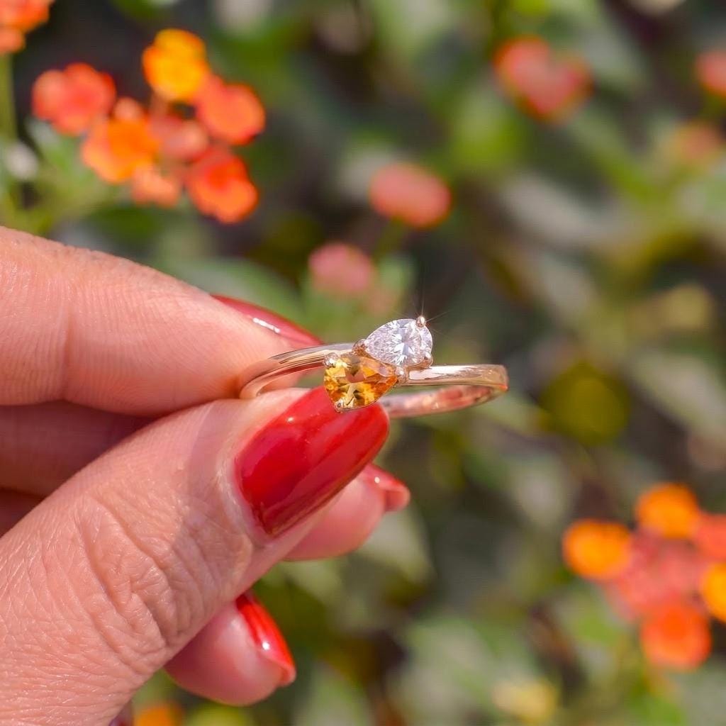 Elegant Two Stone Pear Cut Ring | Gold Promise Ring with Citrine &  Simulated Diamond | Dainty Anniversary Gift for Her
