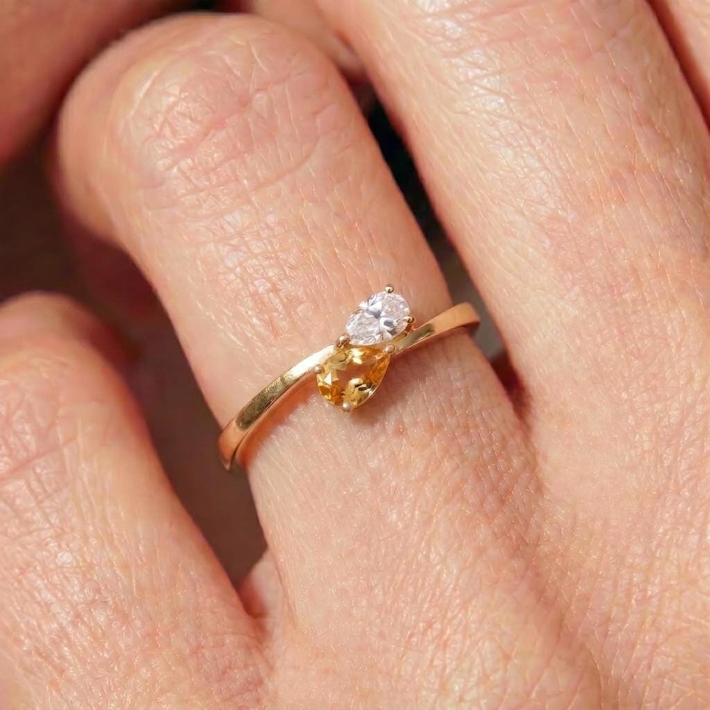 Elegant Two Stone Pear Cut Ring | Gold Promise Ring with Citrine &  Simulated Diamond | Dainty Anniversary Gift for Her