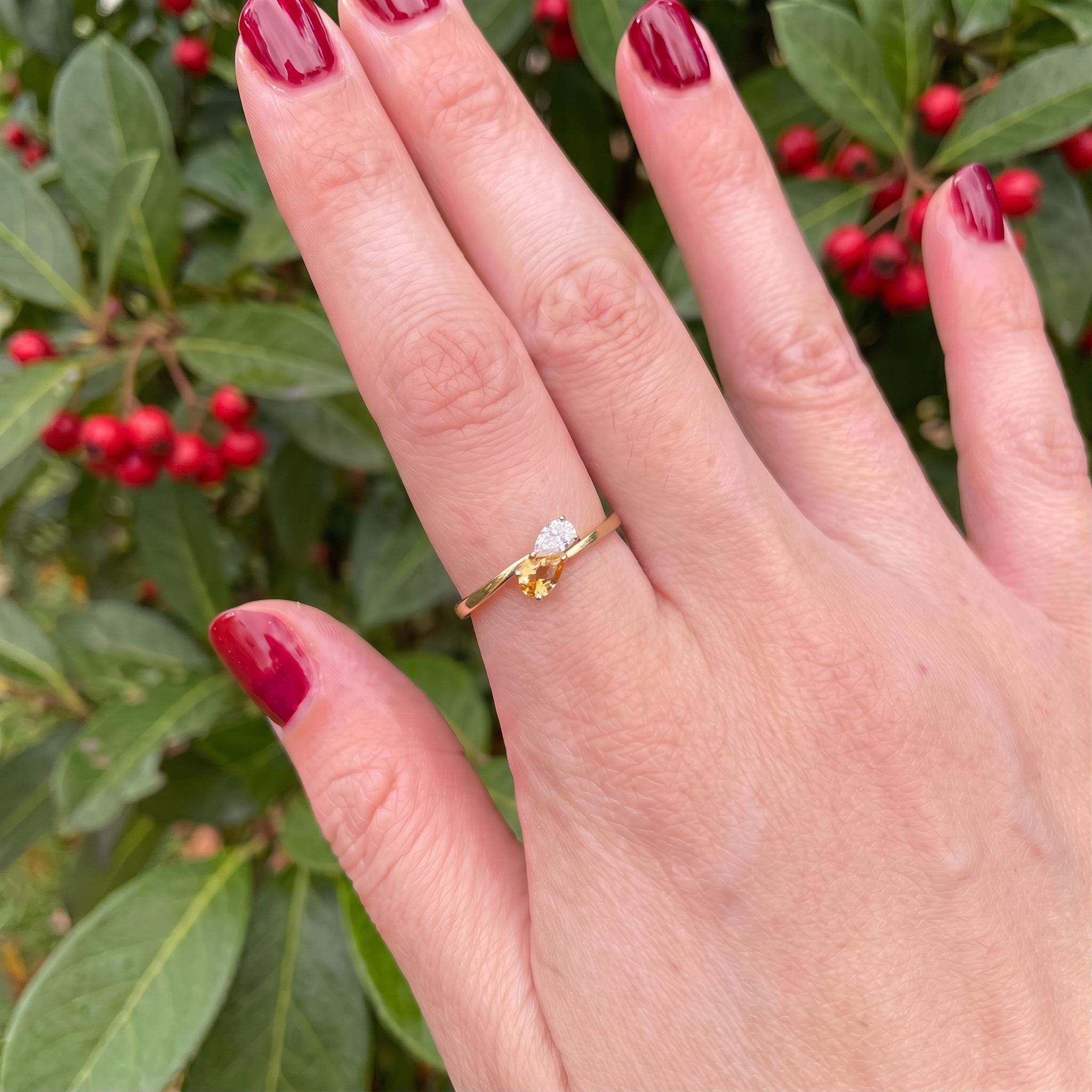 Elegant Two Stone Pear Cut Ring | Gold Promise Ring with Citrine &  Simulated Diamond | Dainty Anniversary Gift for Her