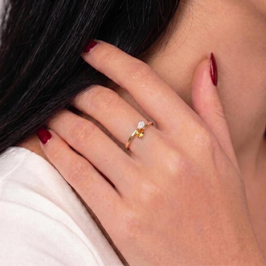 Elegant Two Stone Pear Cut Ring | Gold Promise Ring with Citrine &  Simulated Diamond | Dainty Anniversary Gift for Her