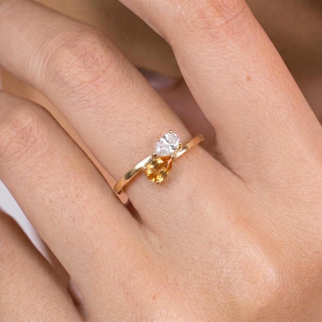 Elegant Two Stone Pear Cut Ring | Gold Promise Ring with Citrine &  Simulated Diamond | Dainty Anniversary Gift for Her