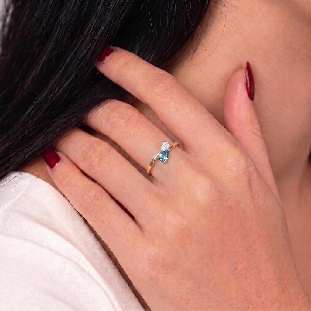 Dainty Gold Bypass Ring with Pear Blue Topaz & CZ | Teardrop Gemstone Promise Ring | December Birthstone Ring for Her | Anniversary Gift