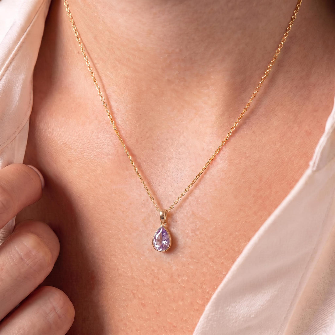 Lavender Amethyst Teardrop Necklace | 14K Gold Purple Pear Cut Pendant | Elegant Everyday Jewelry | Minimalist Gift for Her