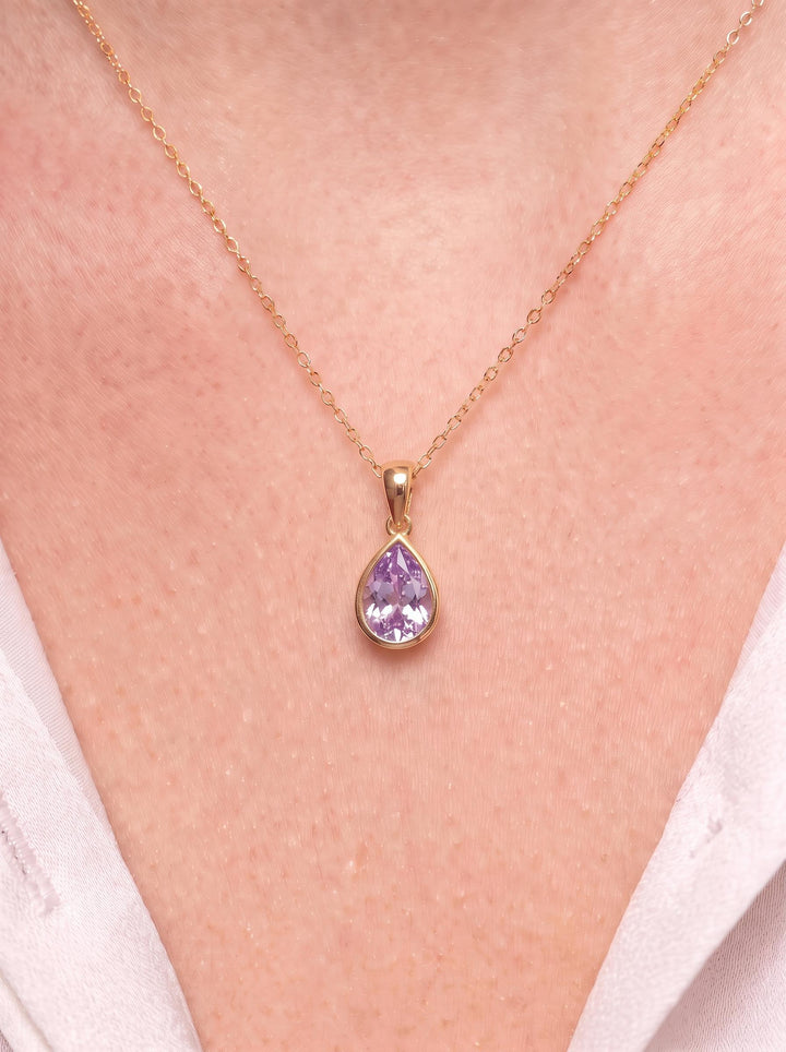 Lavender Amethyst Teardrop Necklace | 14K Gold Purple Pear Cut Pendant | Elegant Everyday Jewelry | Minimalist Gift for Her