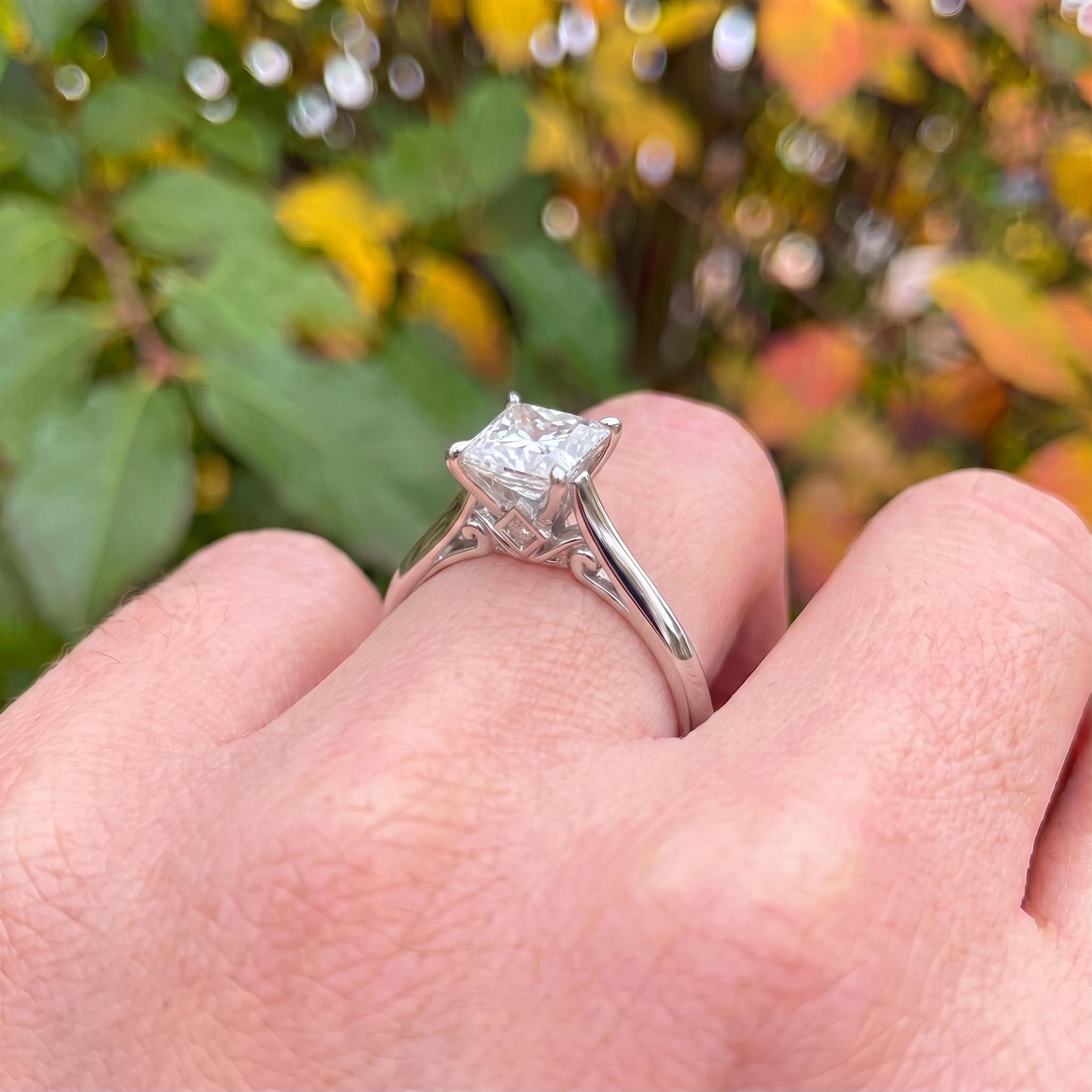 Sparkling Princess Cut Diamond Engagement Ring | Sterling Silver Solitaire with Unique Side Accents | Timeless Proposal Ring for Her
