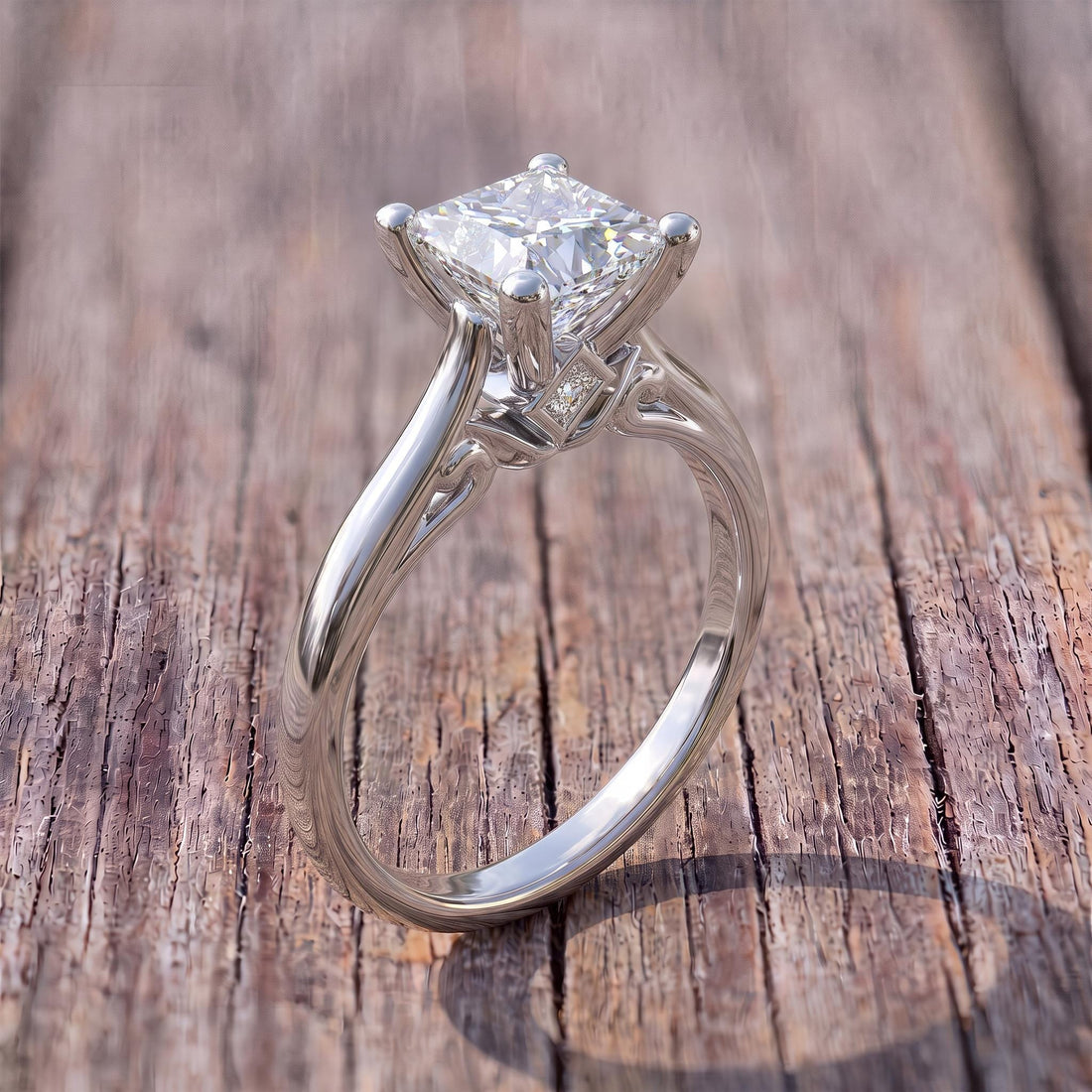 Sparkling Princess Cut Diamond Engagement Ring | Sterling Silver Solitaire with Unique Side Accents | Timeless Proposal Ring for Her