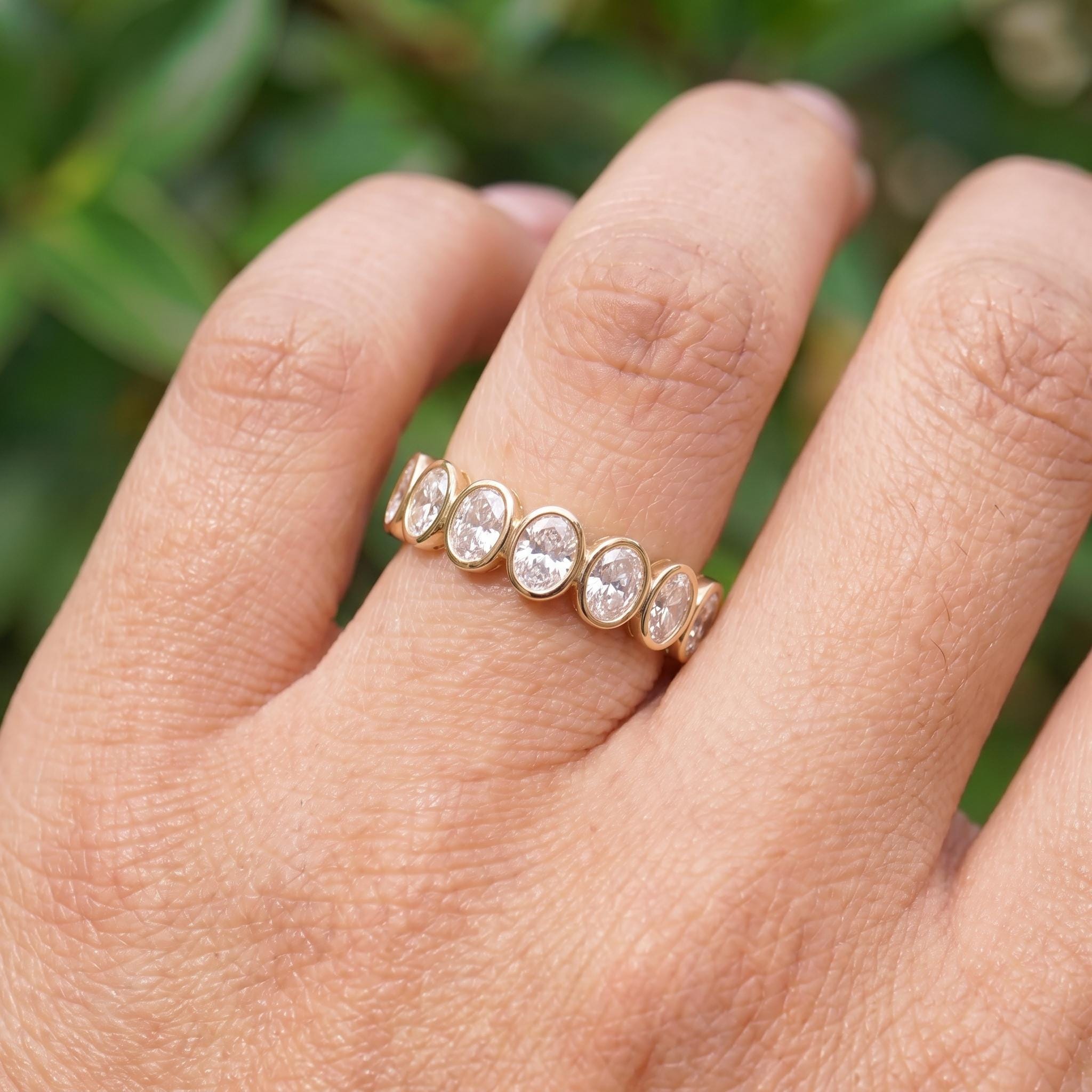 Elegant Gold Bezel Set Eternity Ring | Oval Cut Simulated Diamond Stacking Band | Anniversary Wedding Ring | Gift for Her