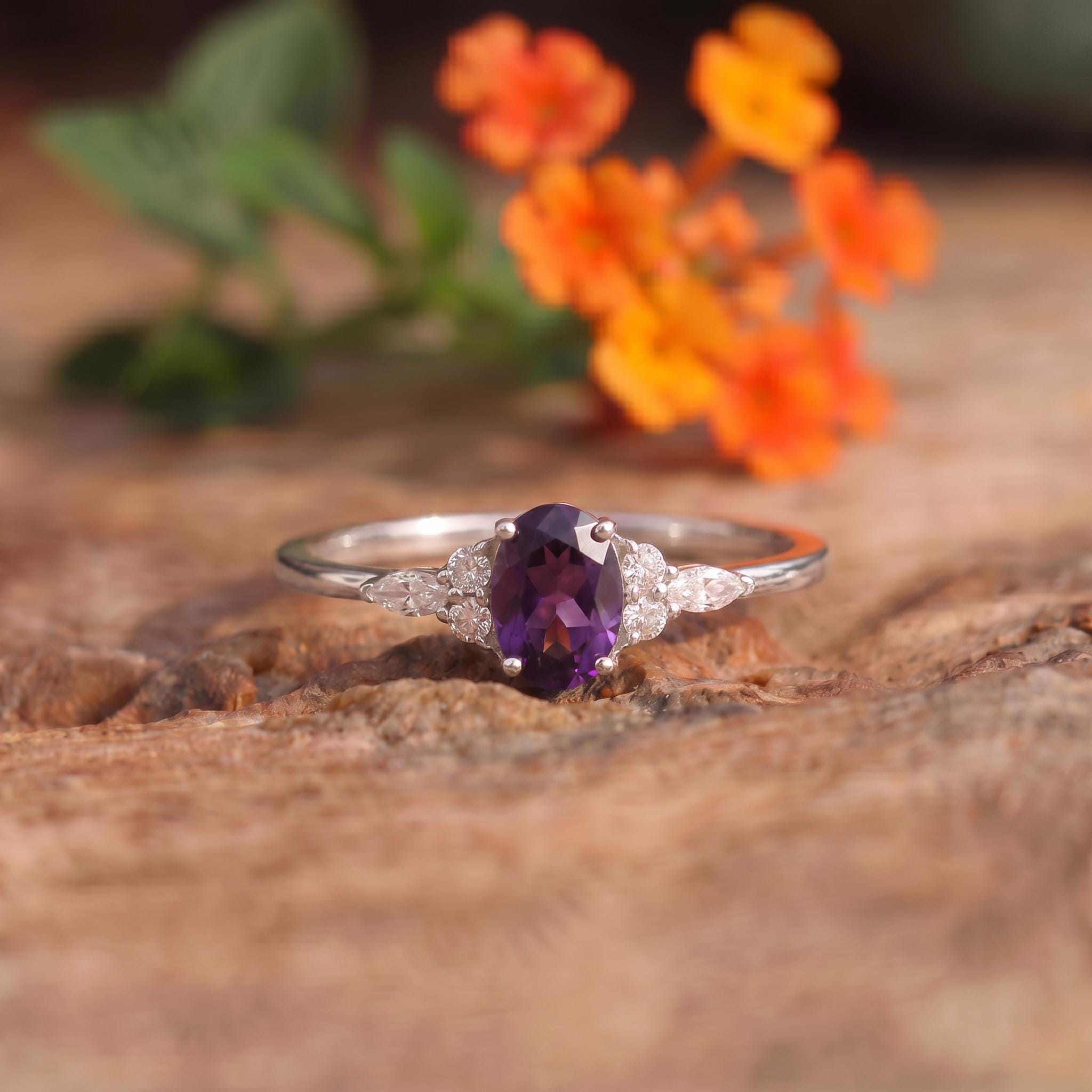 Elegant Oval Amethyst & Diamond Ring | February Birthstone Engagement Ring | Dainty Anniversary Gift for Her | Purple Stone Jewelry