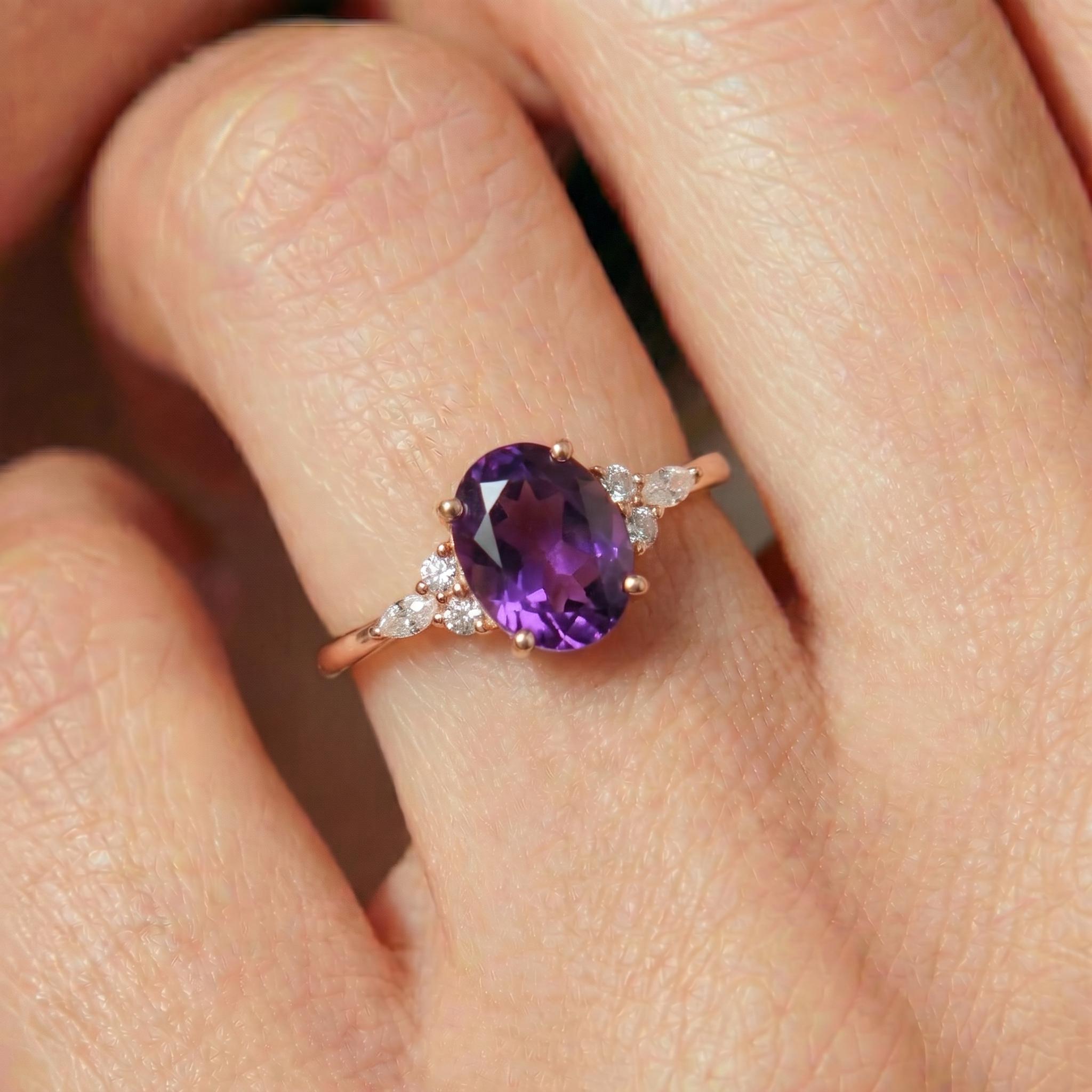 Elegant Oval Amethyst & Diamond Ring | February Birthstone Engagement Ring | Dainty Anniversary Gift for Her | Purple Stone Jewelry