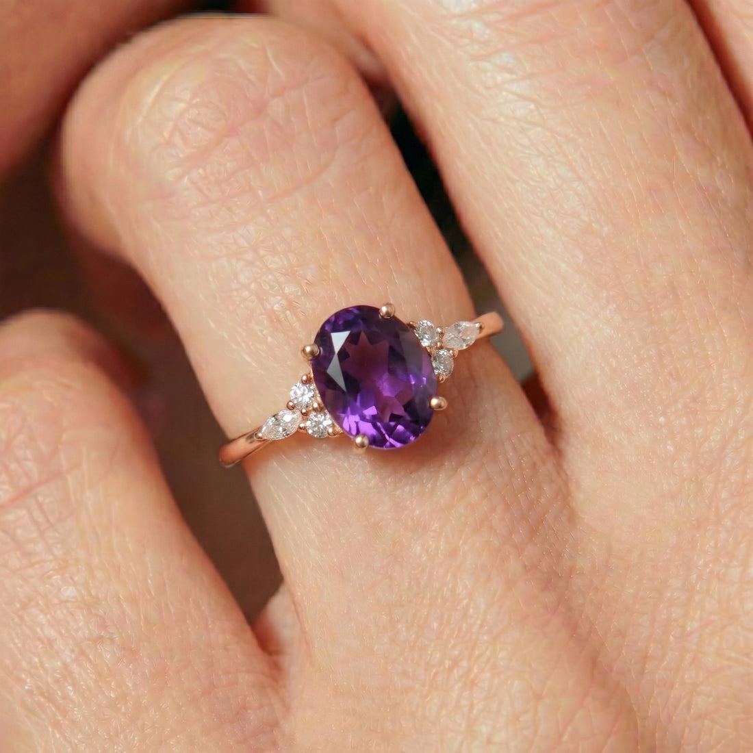 Elegant Oval Amethyst & Diamond Ring | February Birthstone Engagement Ring | Dainty Anniversary Gift for Her | Purple Stone Jewelry