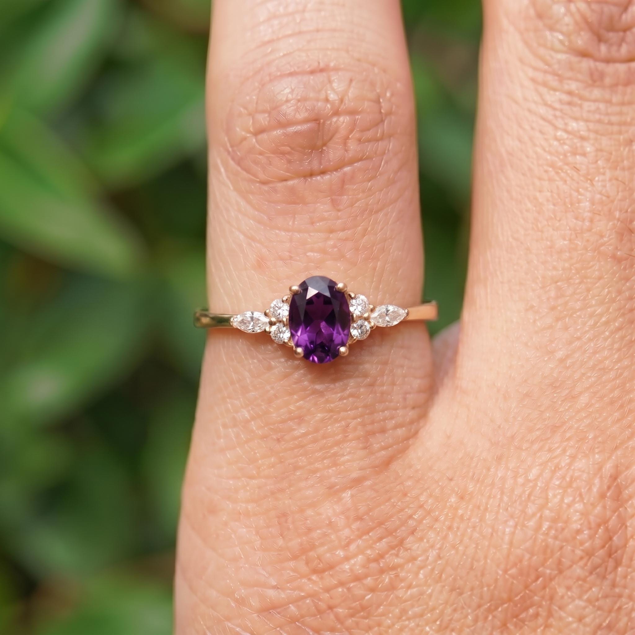 Elegant Oval Amethyst & Diamond Ring | February Birthstone Engagement Ring | Dainty Anniversary Gift for Her | Purple Stone Jewelry