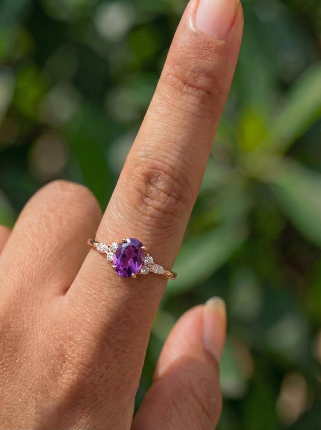 Elegant Oval Amethyst & Diamond Ring | February Birthstone Engagement Ring | Dainty Anniversary Gift for Her | Purple Stone Jewelry