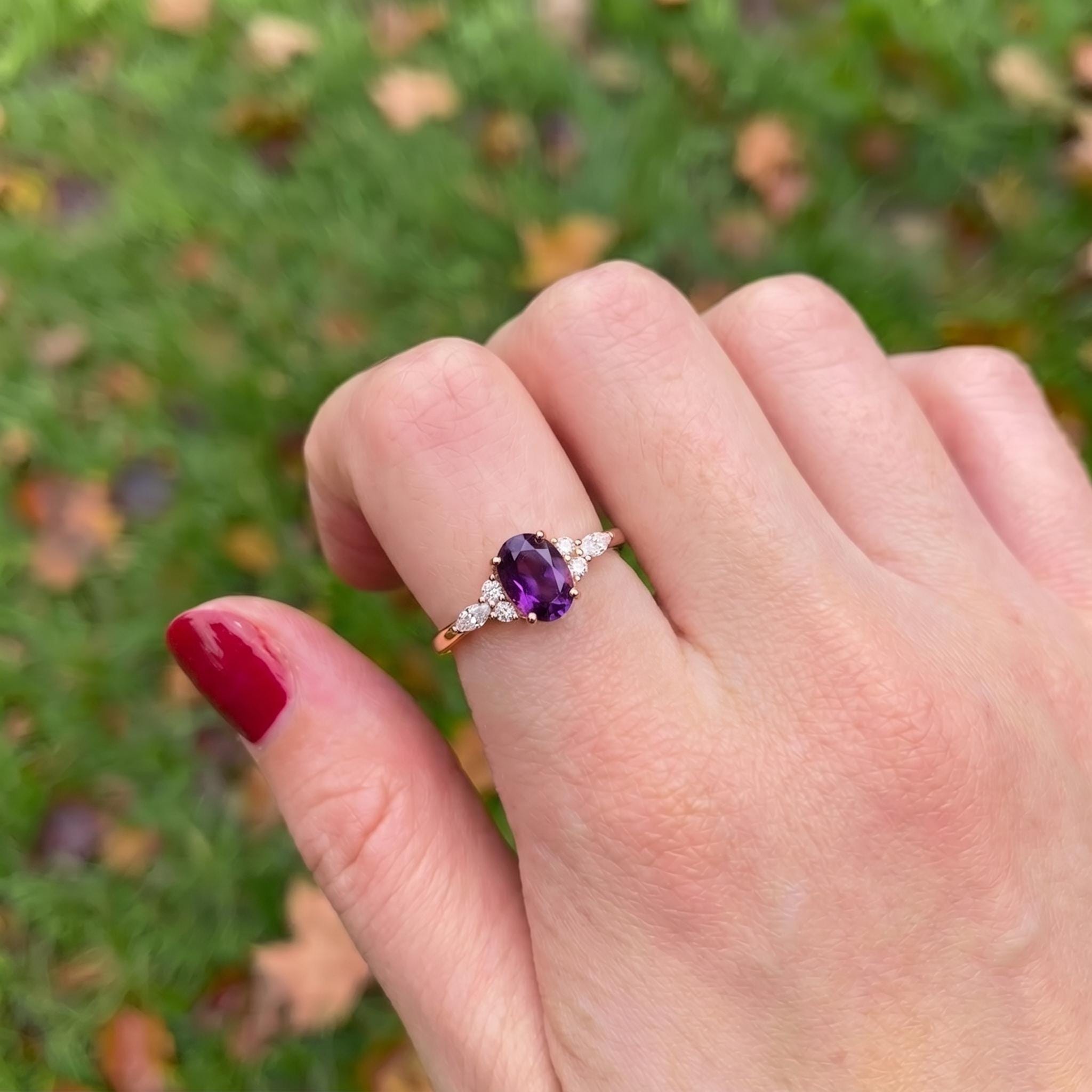 Elegant Oval Amethyst & Diamond Ring | February Birthstone Engagement Ring | Dainty Anniversary Gift for Her | Purple Stone Jewelry