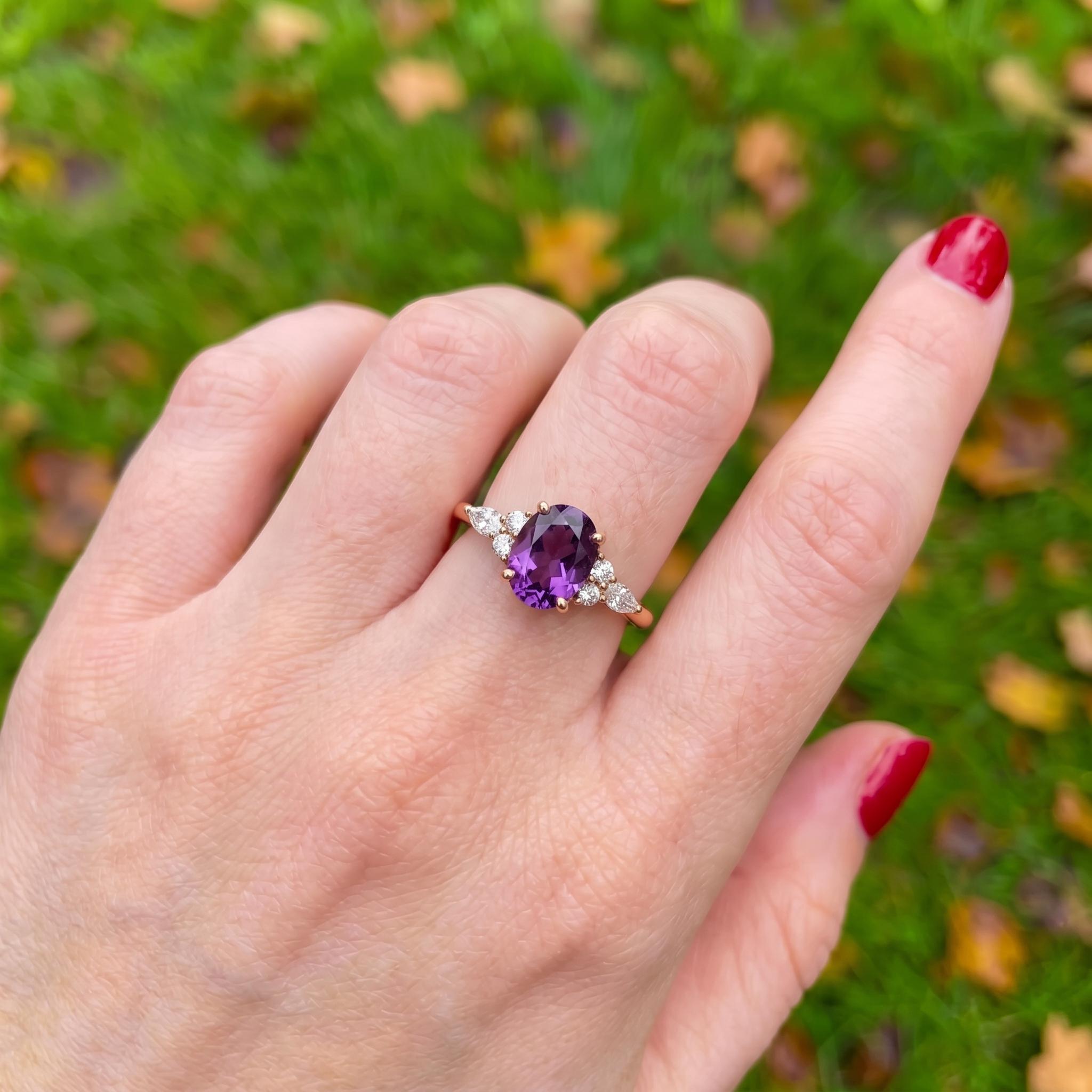 Elegant Oval Amethyst & Diamond Ring | February Birthstone Engagement Ring | Dainty Anniversary Gift for Her | Purple Stone Jewelry