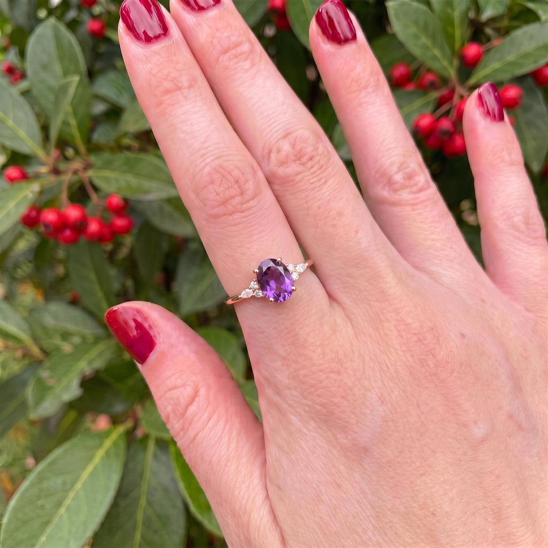 Elegant Oval Amethyst & Diamond Ring | February Birthstone Engagement Ring | Dainty Anniversary Gift for Her | Purple Stone Jewelry