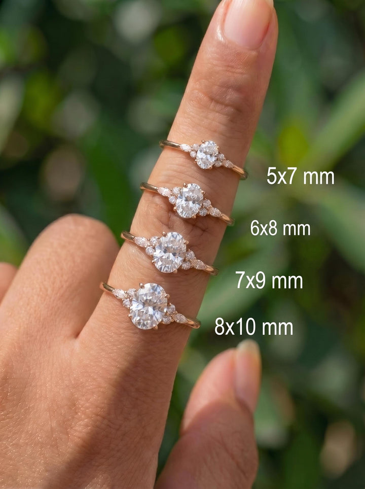 Oval Moissanite Engagement Ring, Delicate Gold Cluster Ring, Vintage Inspired Wedding Ring, Anniversary Gift for Her, Promise Ring